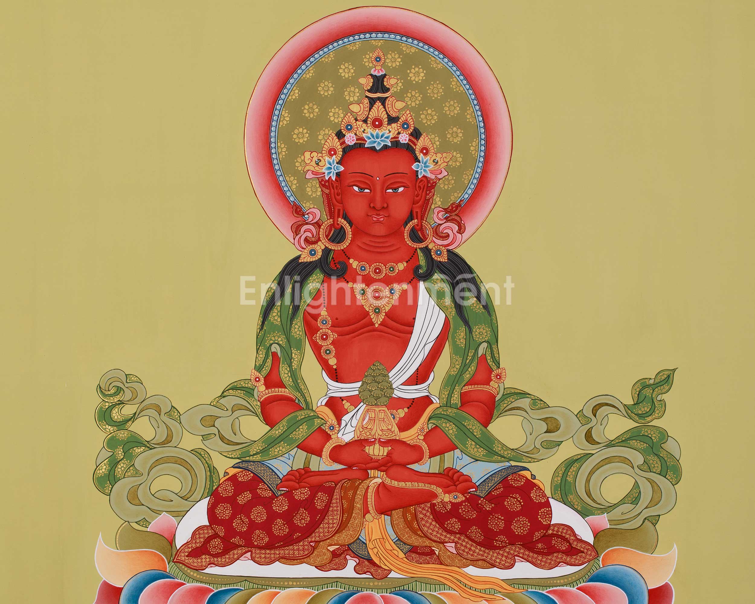 24-Inch Amitayus Buddha Thangka | Hand-Painted Red Buddha on Cotton Canvas
