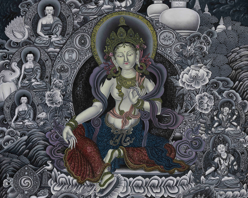 Signature Green Tara Thangka | Distinctive Blend of Color and Monochrome Serenity