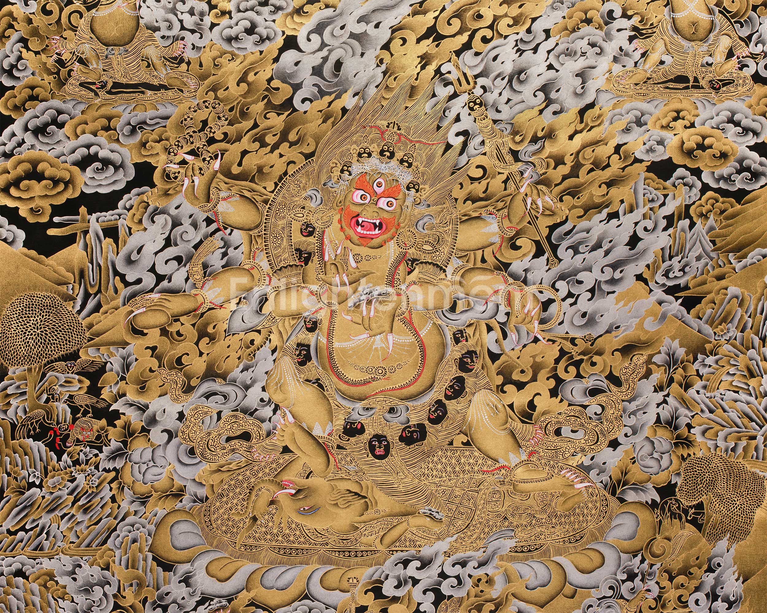 The Wrath of Mahakala | Pure Silver & Gold Embellished Thangka of the Dharma Protector