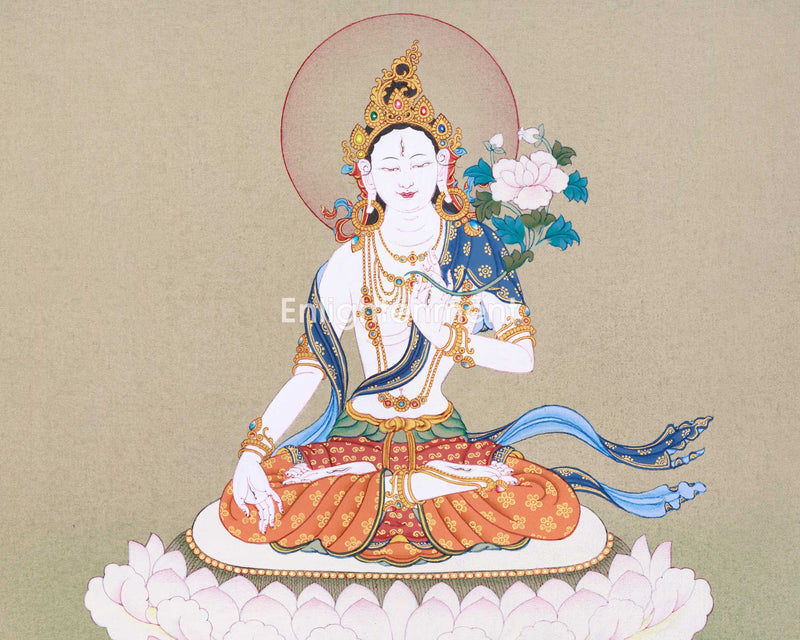 Embrace the Serenity with White Tara Thangka | Female Bodhisattva Canvas