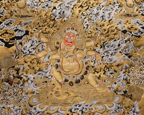 The Wrath of Mahakala | Pure Silver & Gold Embellished Thangka of the Dharma Protector