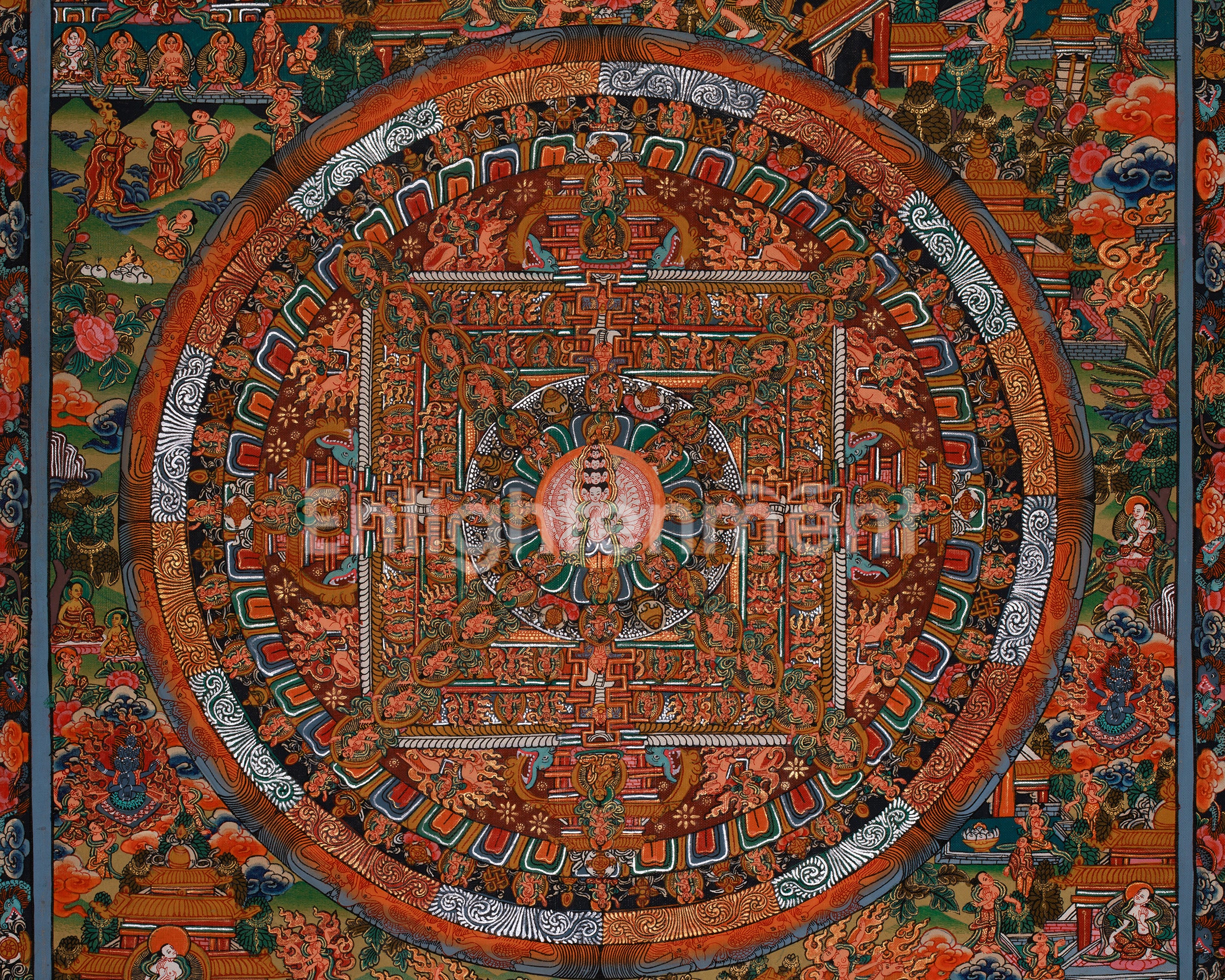 Vintage Avalokiteshvara Mandala | Celestial Beings & Cosmic Guardians
