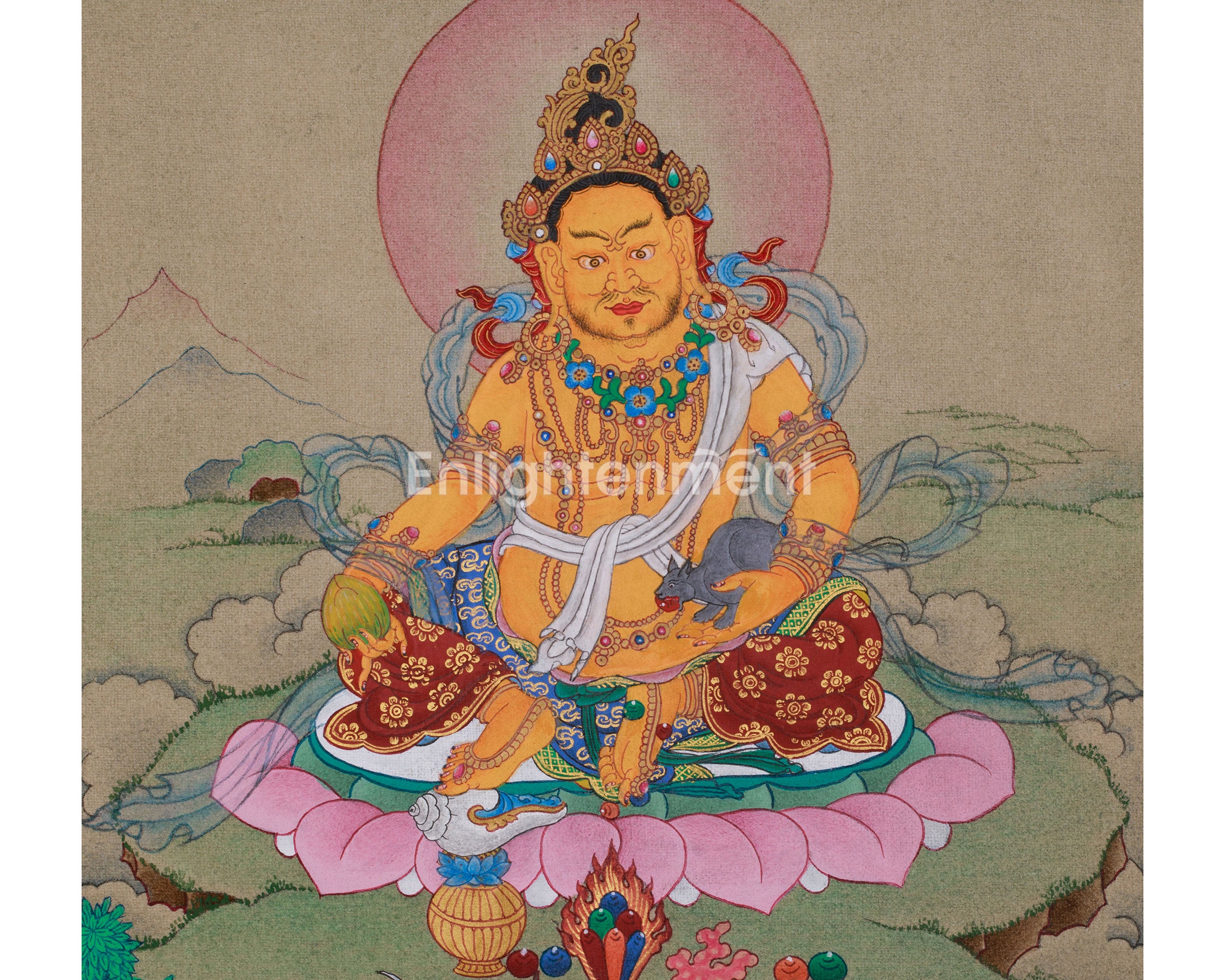 Original Thangka of Yellow Dzambhala | Buddha of Wealth and Prosperity