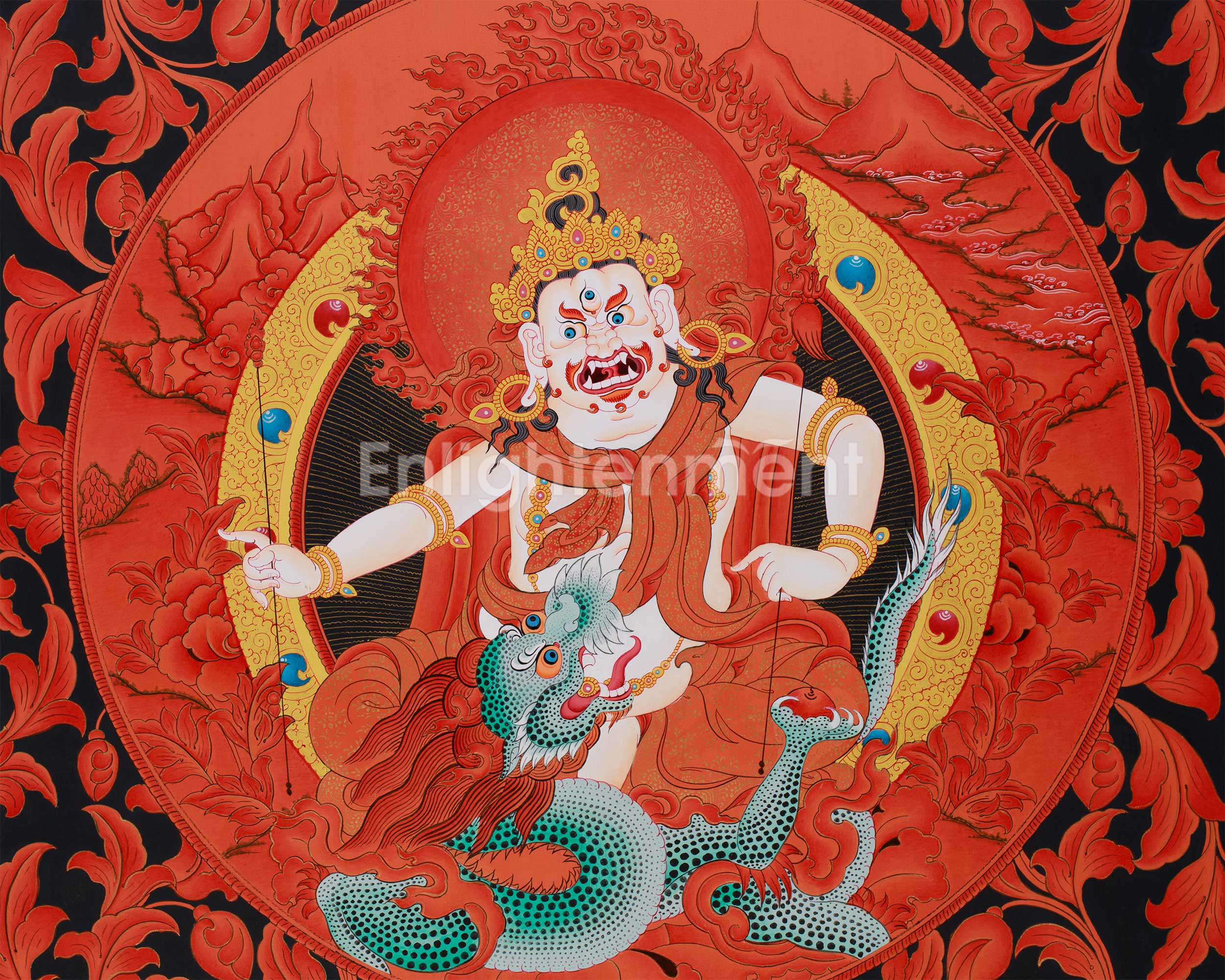 Large White Dzambhala Thangka on Black Canvas | Abundance and Spiritual Protection