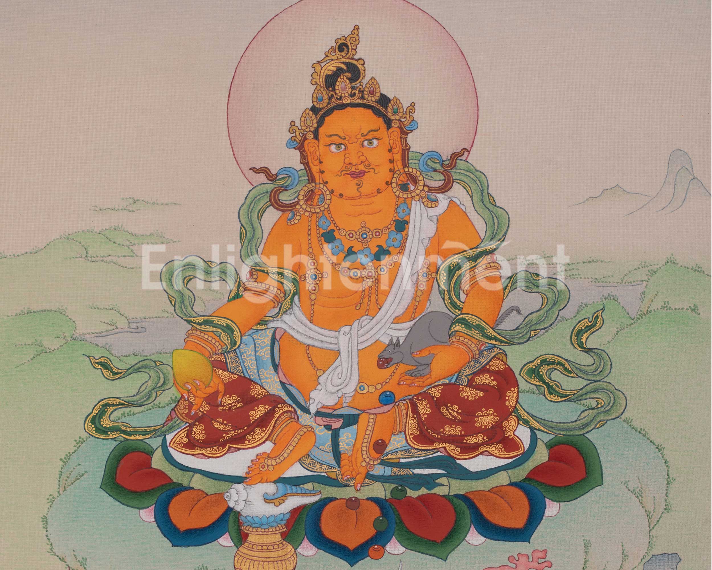 Dzambhala Spiritual Artwork | Tibetan Thangka of Wealth And Prosperity