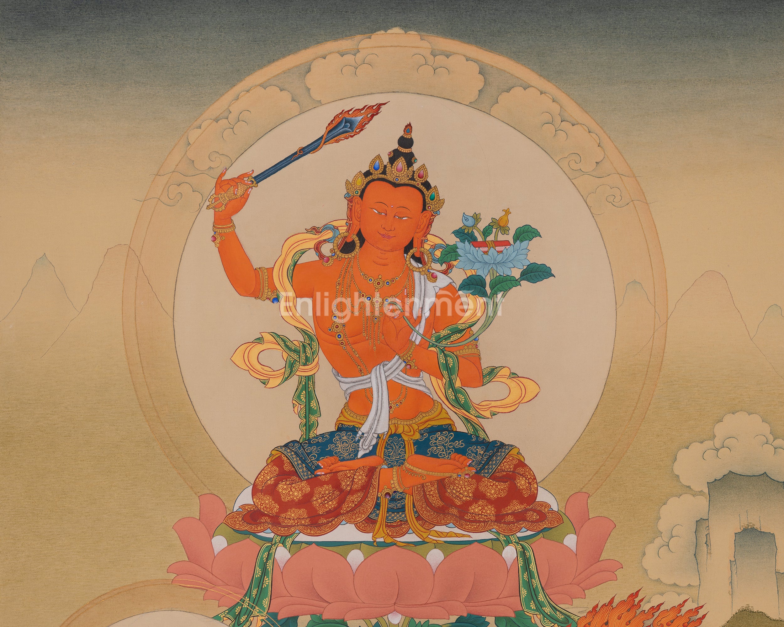 Bodhisattva of Wisdom Deity Manjushri Thangka | Vajrayana Buddhism | Manjughosa Art