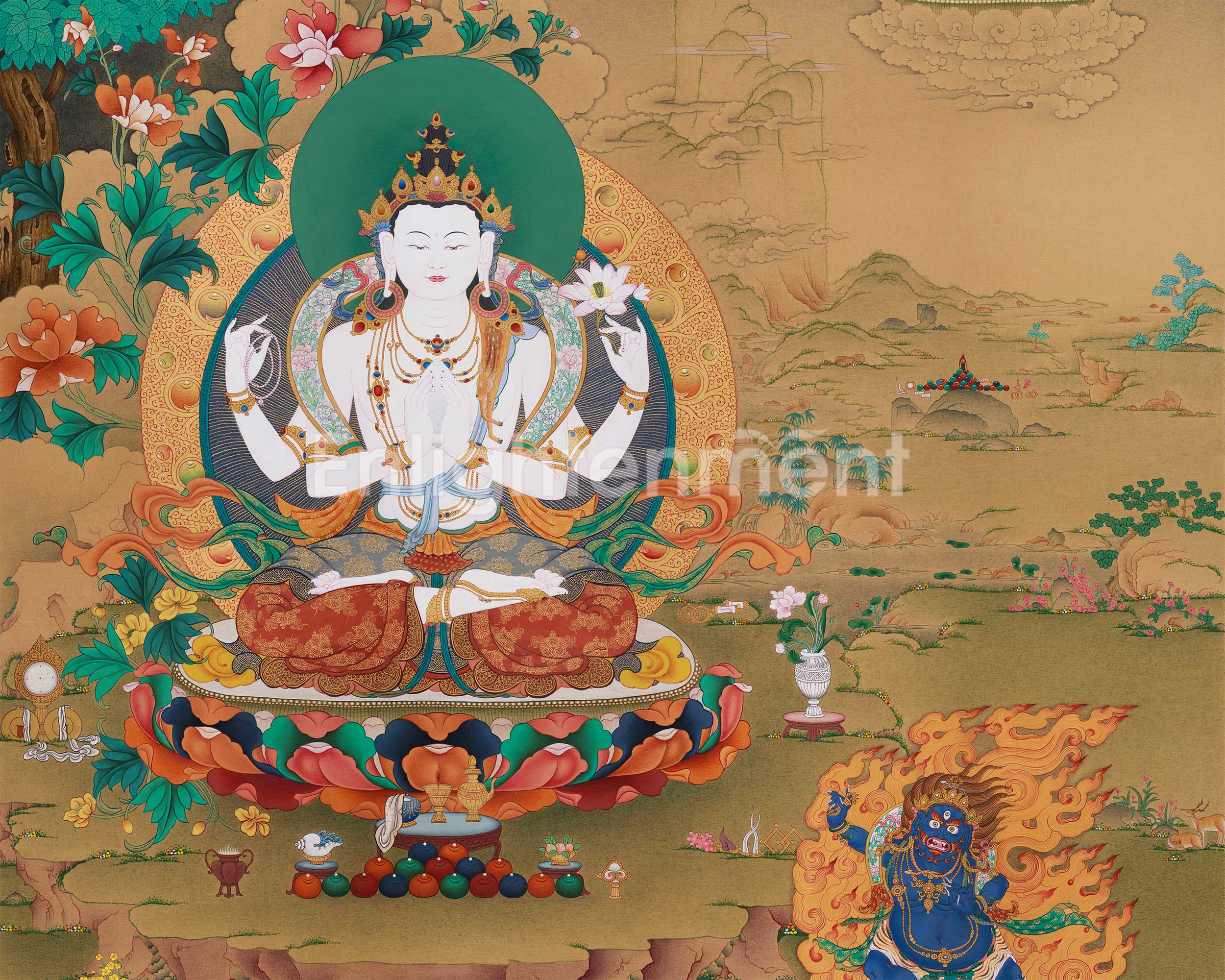 Grand 30x40 Inch Buddhist Thangka of Chenrezig, Manjushri, and Vajrapani | Symbol of Enlightened Trinity