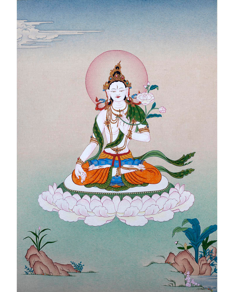 White Tara Thangka | Karma Gadri Style Painting | Female Buddha