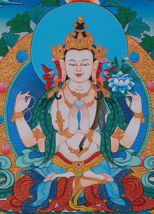 Hand Painted Chenrezig Thangka | Avalokiteshvara Thangka Art