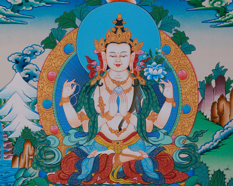 Hand Painted Chenrezig Thangka | Avalokiteshvara Thangka Art