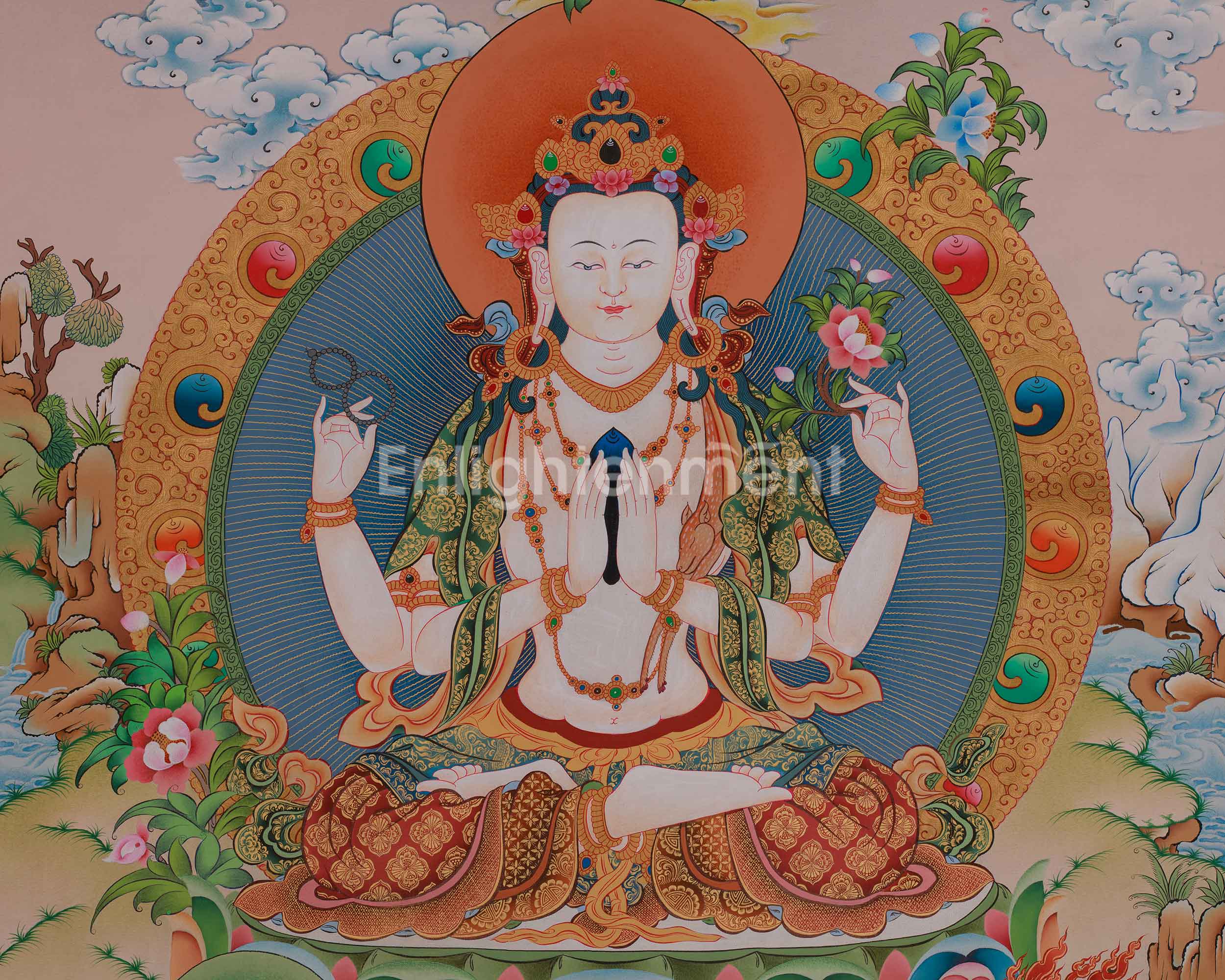 Chenrezig with Amitabha, Manjushri, and Vajrapani Thangka | Avalokiteshvara Art