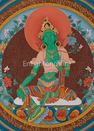 Elegant Green Tara Mantra Mandala | Embellished with Lhasa Stone Pigments & 24K Gold