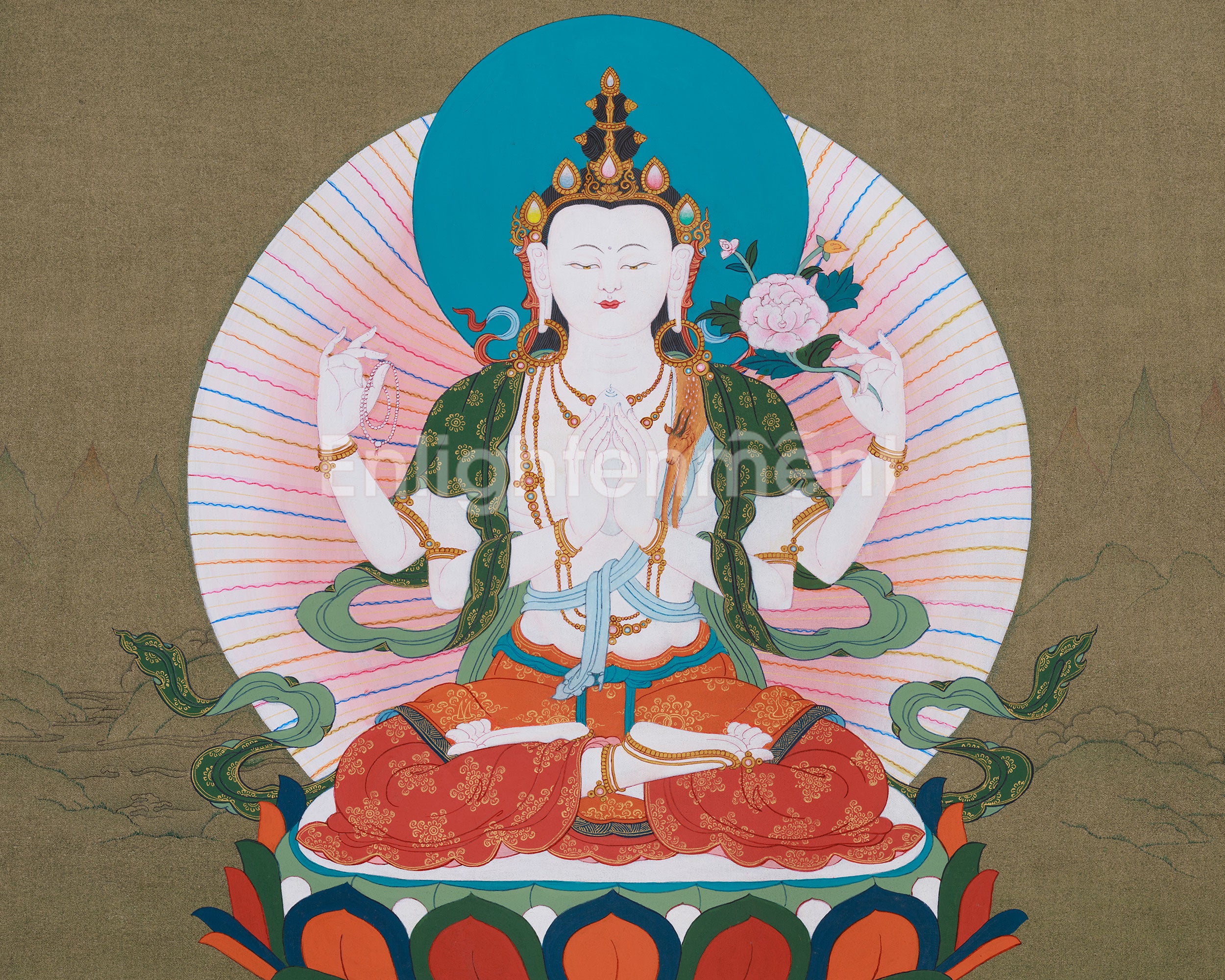 Tibetan Bodhisattva Four Armed Chenrezig Thangka | Buddha of Compassion
