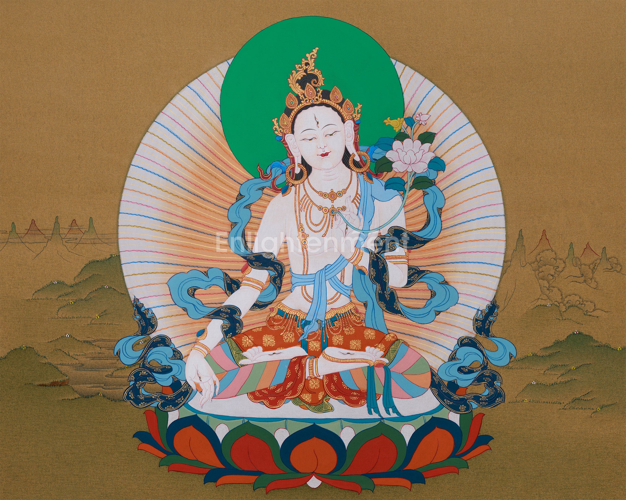 Seven-Eyes White Tara Thangka | Hand-Painted Tibetan Artwork | Include Brocade