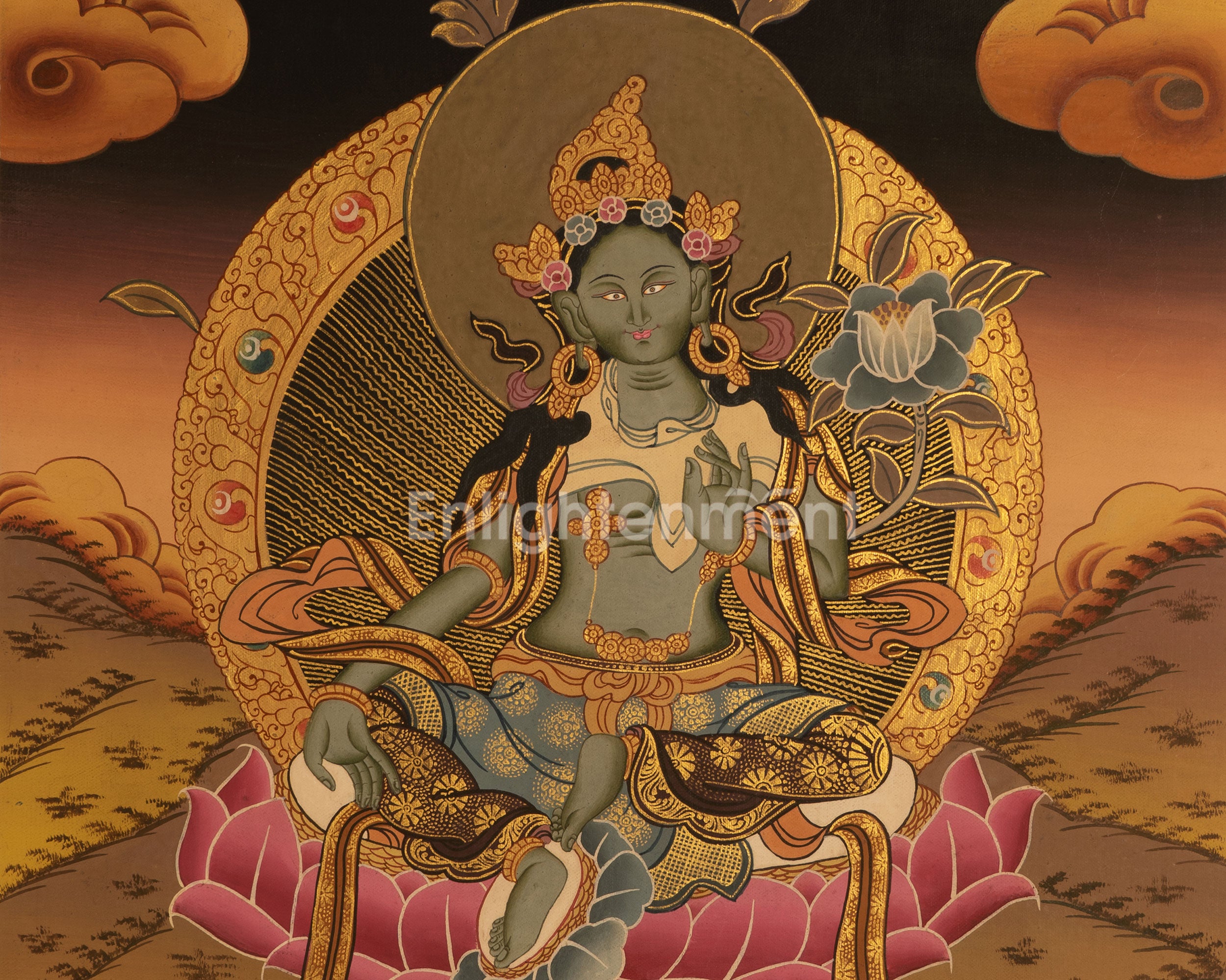 Small Green Tara Thangka | Religious Art For Wall Decor