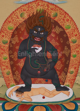 Black Dzambhala with Ratnasambhava Buddha Thangka | Manifestation of Prosperity and Protection