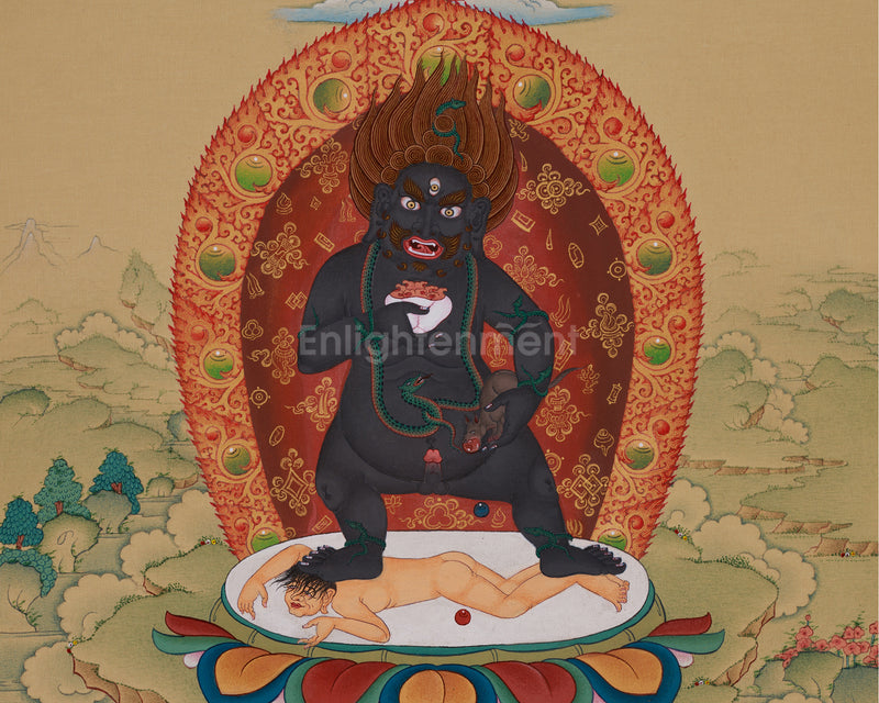 Black Dzambhala with Ratnasambhava Buddha Thangka | Manifestation of Prosperity and Protection