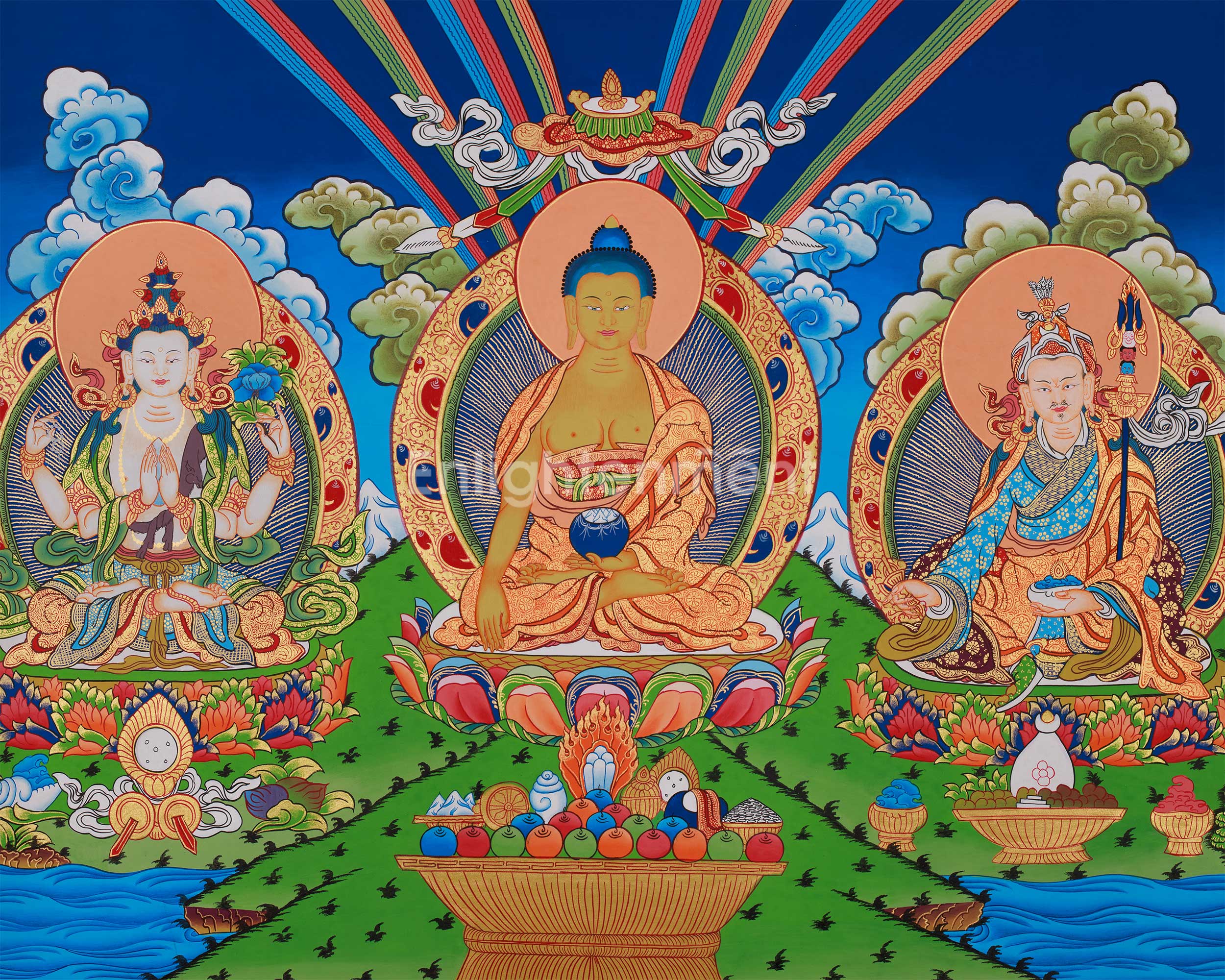 Traditional Buddha Shakyamuni Art | Enlightened One with Guru Rinpoche and Chenrezig