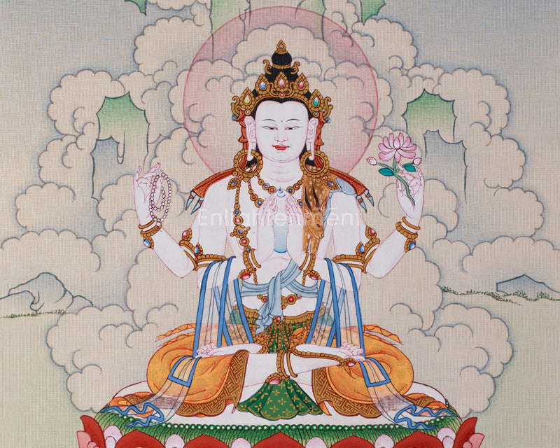 Hand-Painted 4 armed Avalokiteshvara Thangka | Buddhist Art of Compassion and Peace