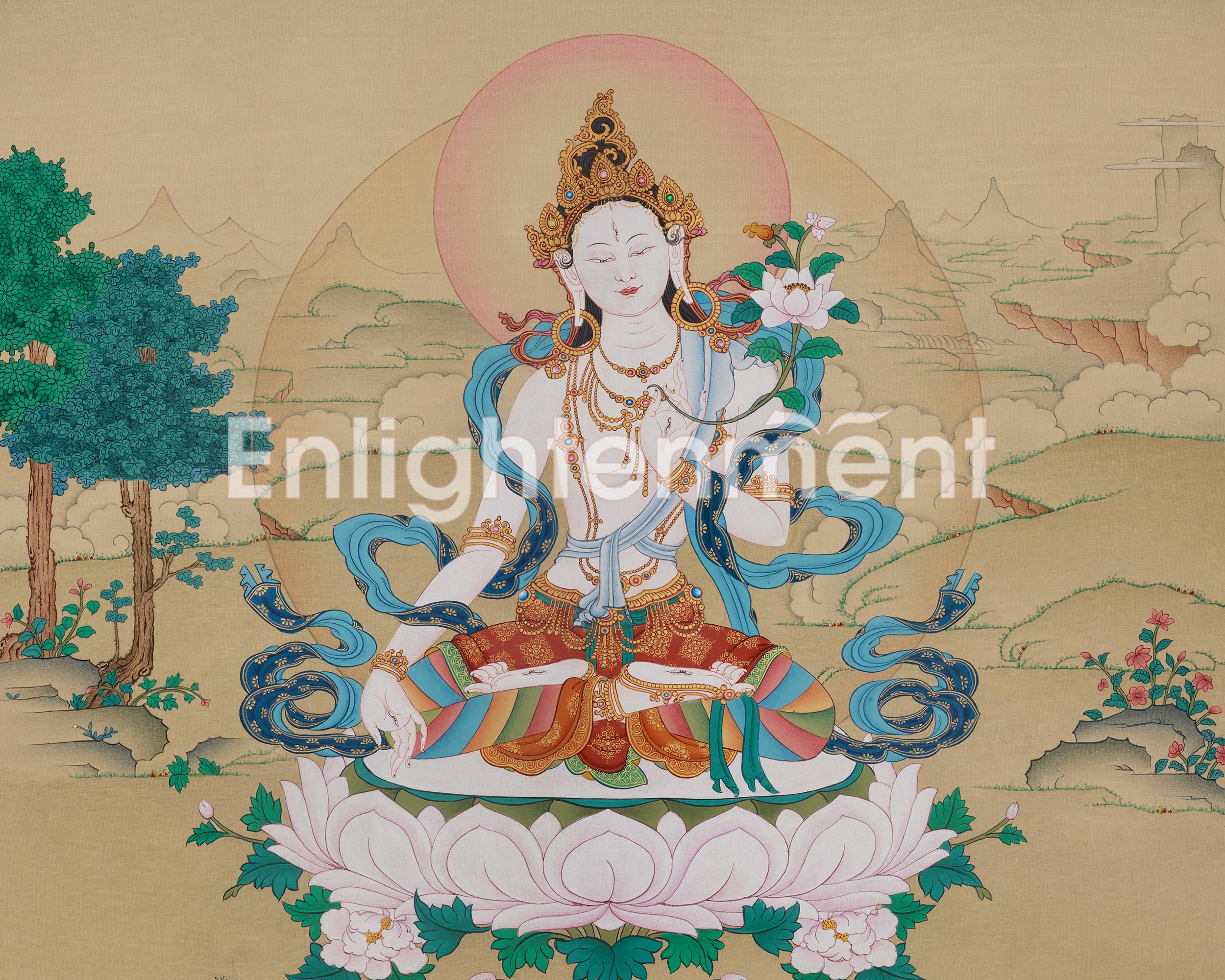 White Tara Healing Buddhist Art | Sacred Thangka of Compassion and Longevity