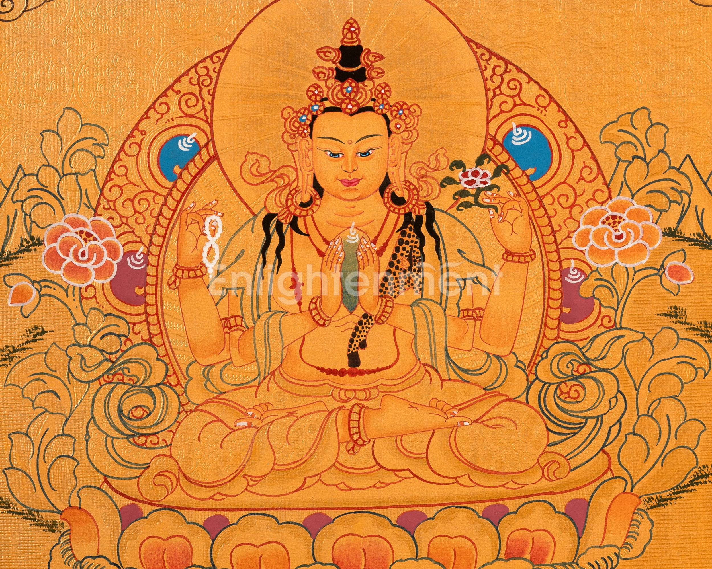 Sacred Thangka of Four-Armed Chenrezig | Tibetan Bodhisattva of Compassion