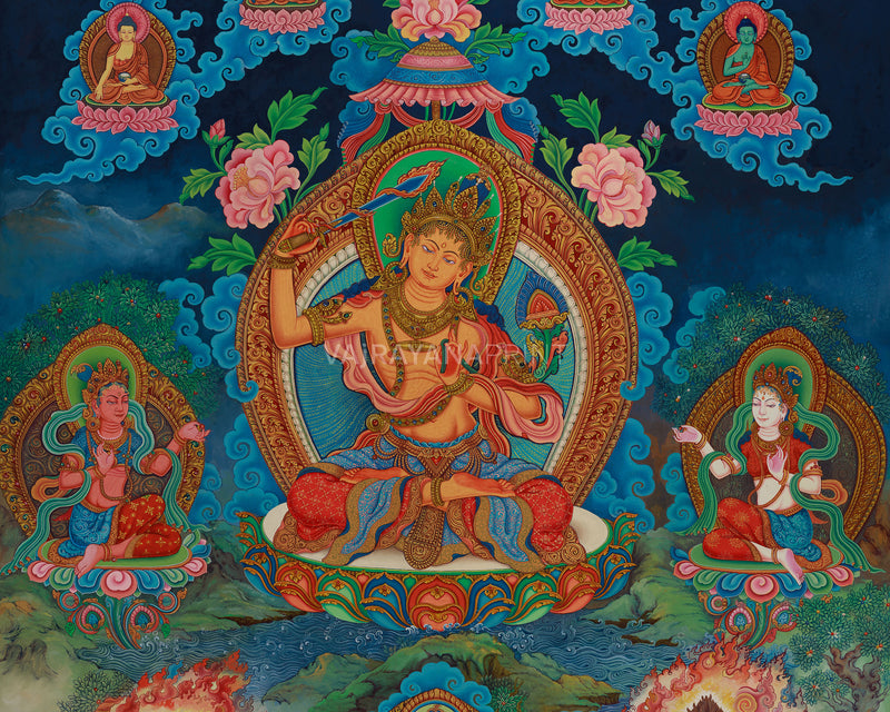 Divine Wisdom Manjushri Thangka Print | 5 Dhyani Buddhas | Bodhisattva Newari Canvas Art