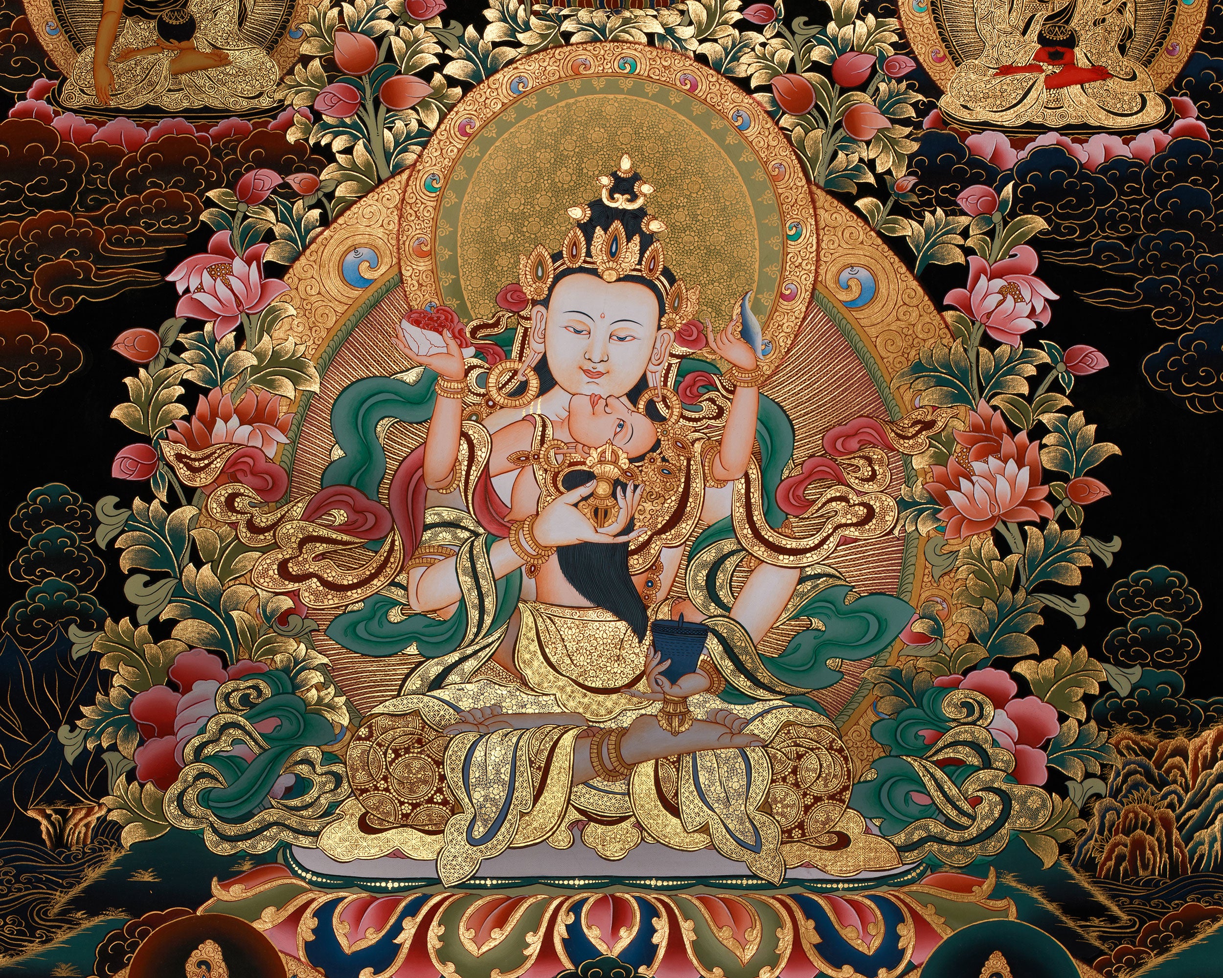 Unique Tibetan Vajrasattva and Consort Thangka | Spiritual Masterpiece with Gold Accents
