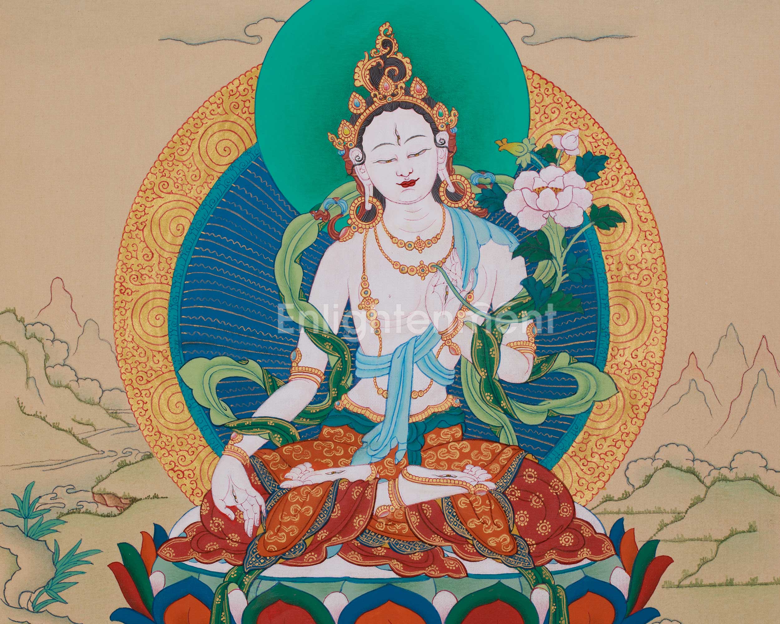 Divine White Tara Goddess of Compassion | A Sacred Thangka of Healing and Protection