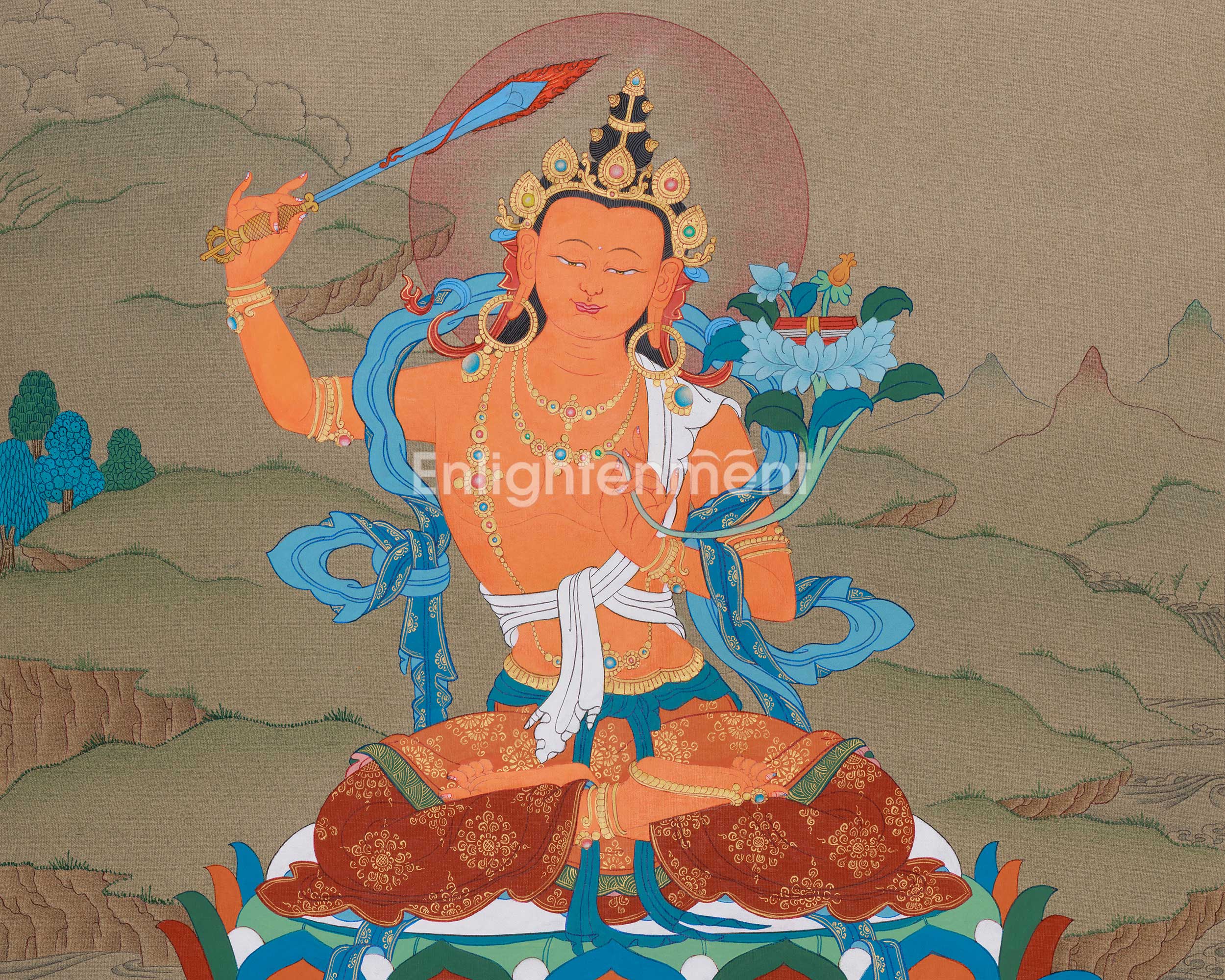 Traditional Handmade Bodhisattva Manjushri Thangka | Embodiment of Learning and Enlightened Mind