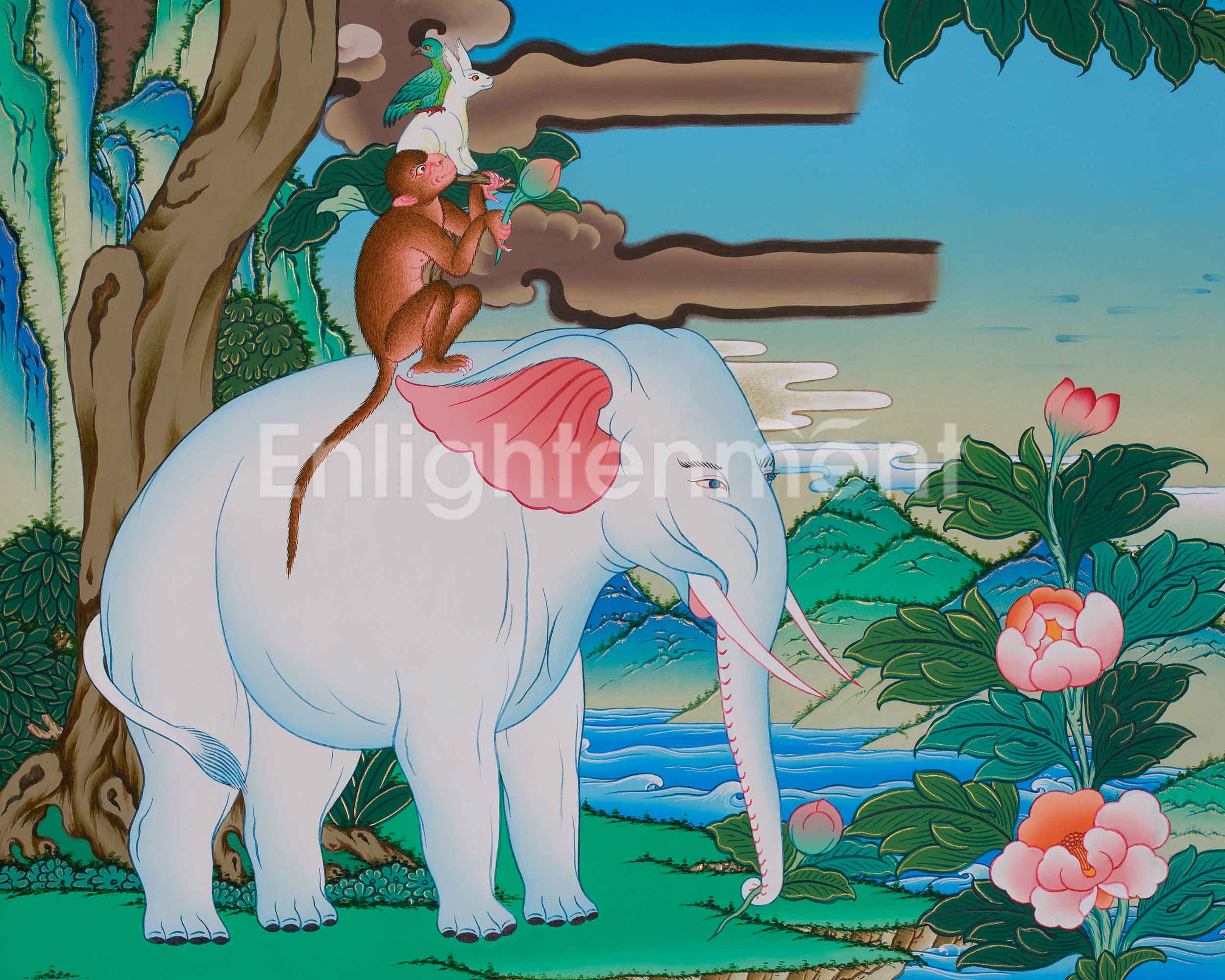 4 Harmonious Friends Painting | Depicting the Four Divine Creatures of Tibetan Buddhism