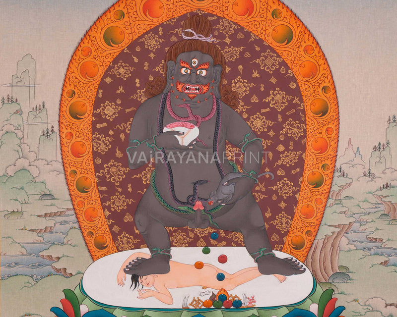 Traditional Black Dzambhala Thangka Print | Print on Cotton Canvas | Wall Decor