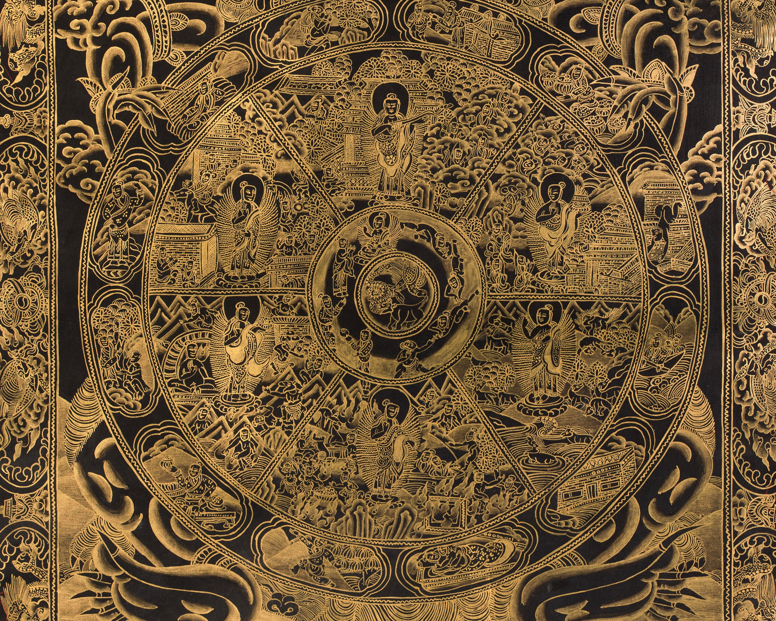 Wheel of Life (Bhavacakra) | Gold Embellished Thangka on Canvas | Brocade Mounted
