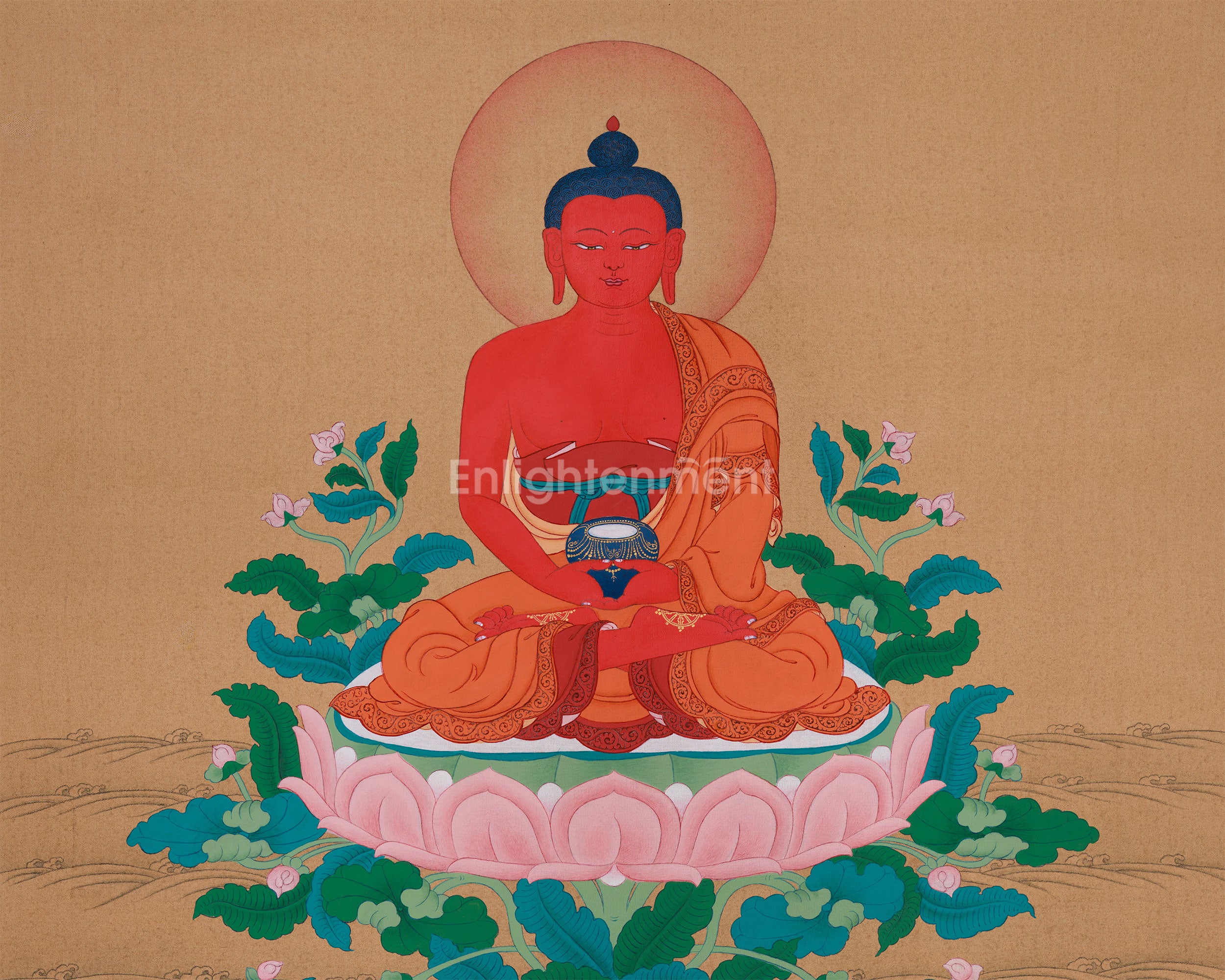 Minimal Red Buddha Amitabha Thangka | Enlightened Deity of Infinite Light