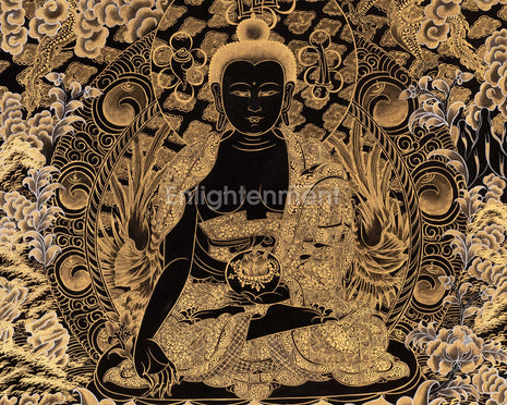 Black and Gold Style Medicine Buddha | Original Hand-Painted Tibetan Thanka | Healing Buddha |