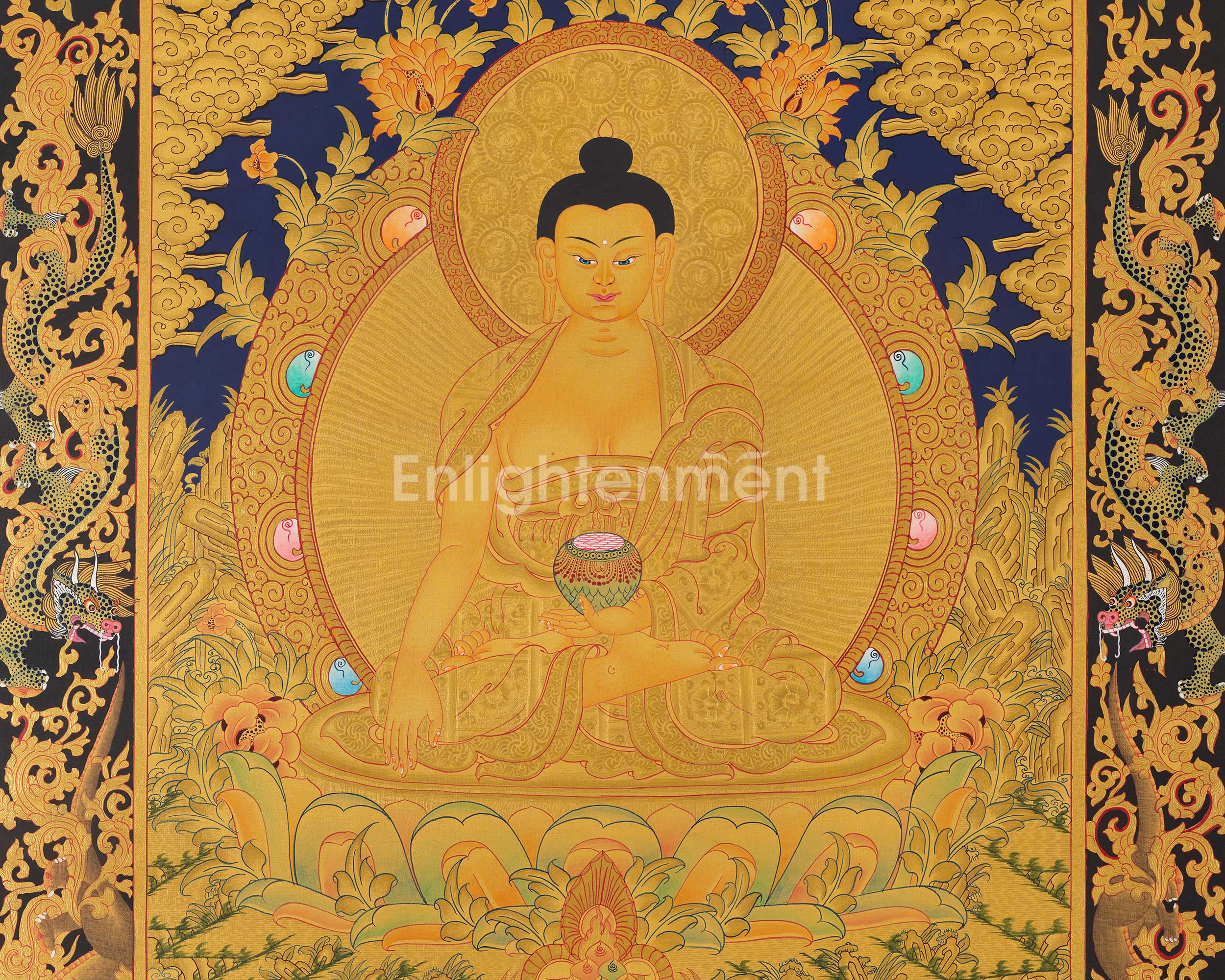 Shakyamuni Buddha Gold Thangka | Religious Tibetan Paint | Wall Decors