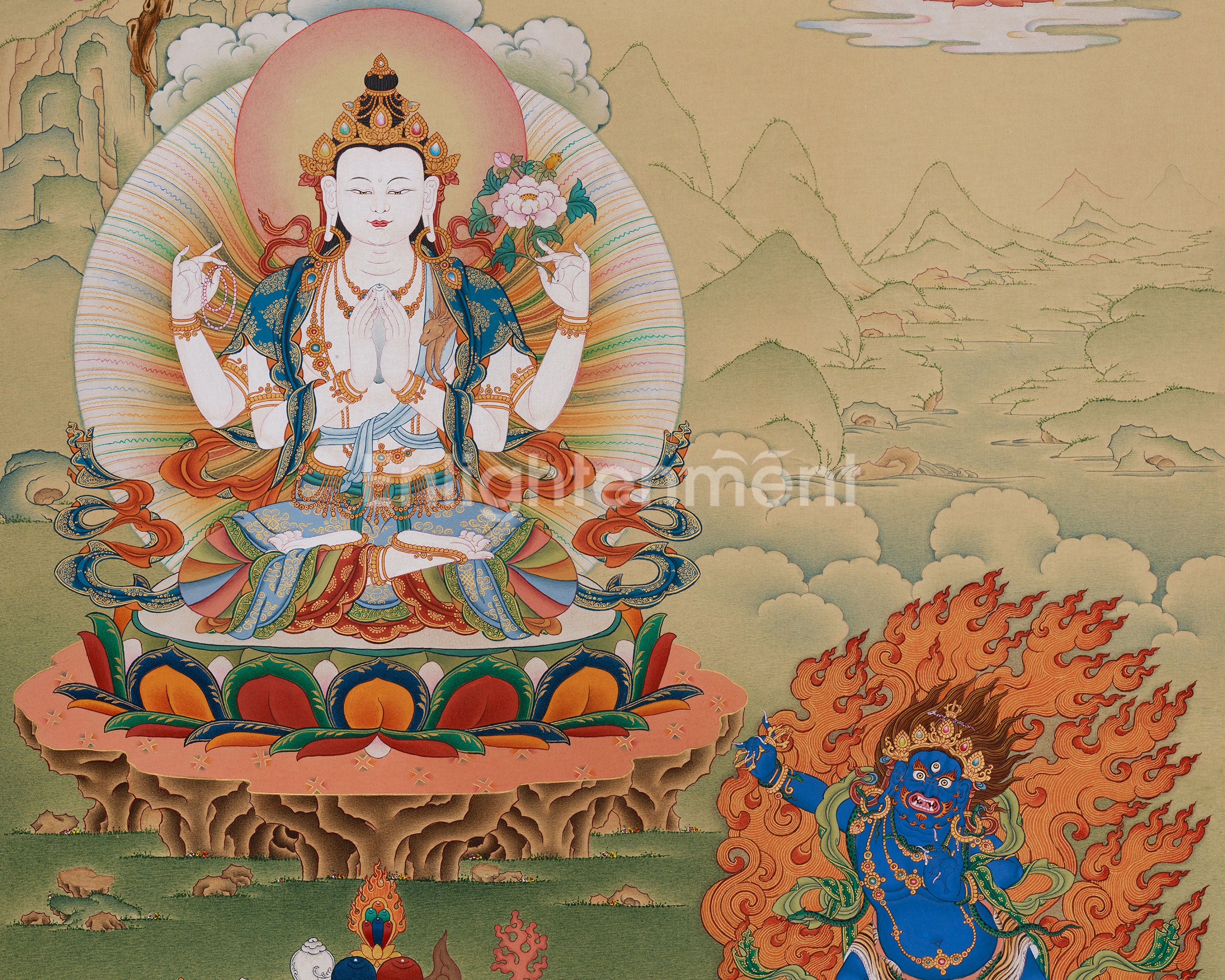 Tibetan Compassion Deity, Chenrezig | Divine Trio: Avalokiteshvara, Manjushri, and Vajrapani
