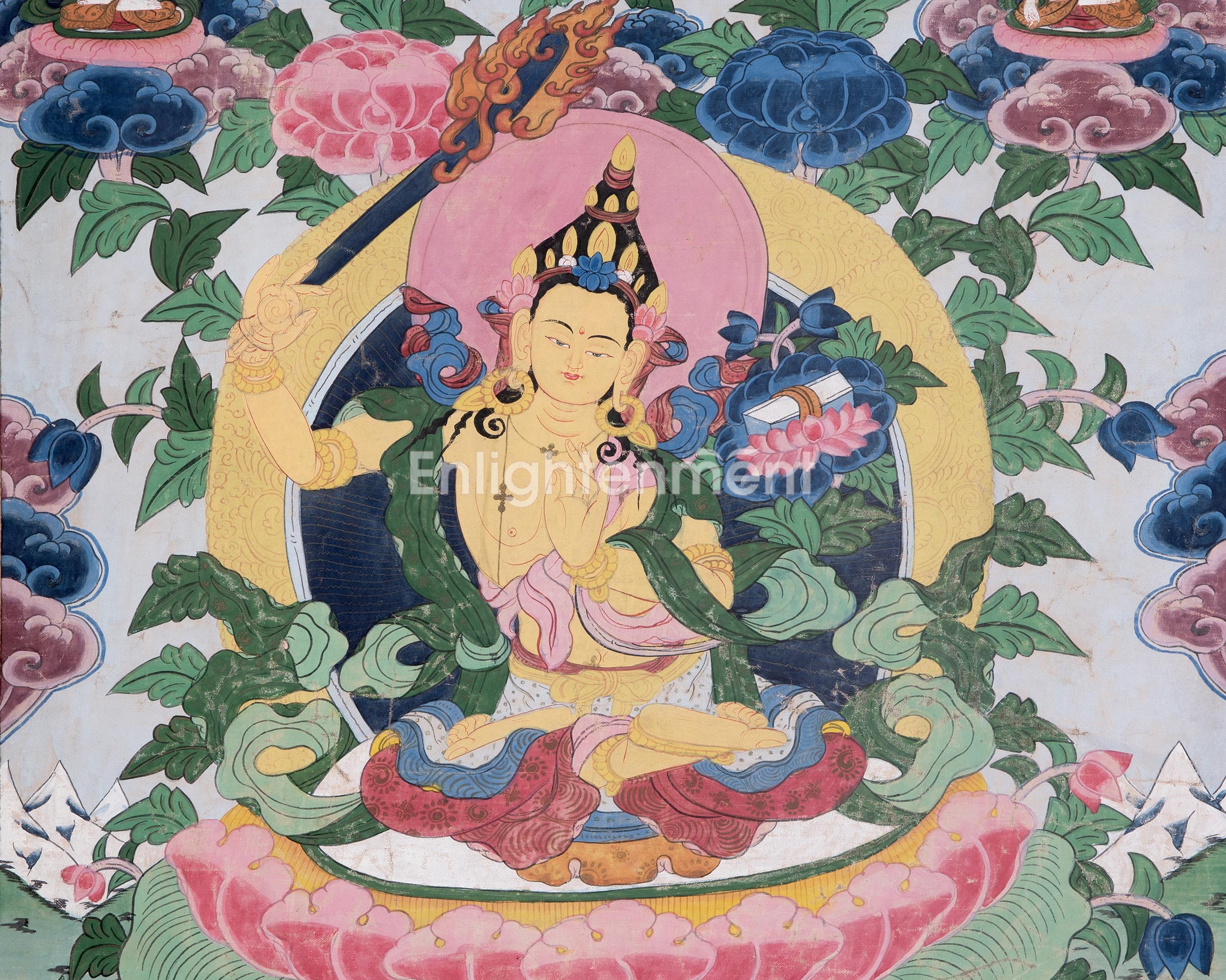Exquisite Manjushree Thangka | Tibetan Buddha of Wisdom | Brocade Mounted