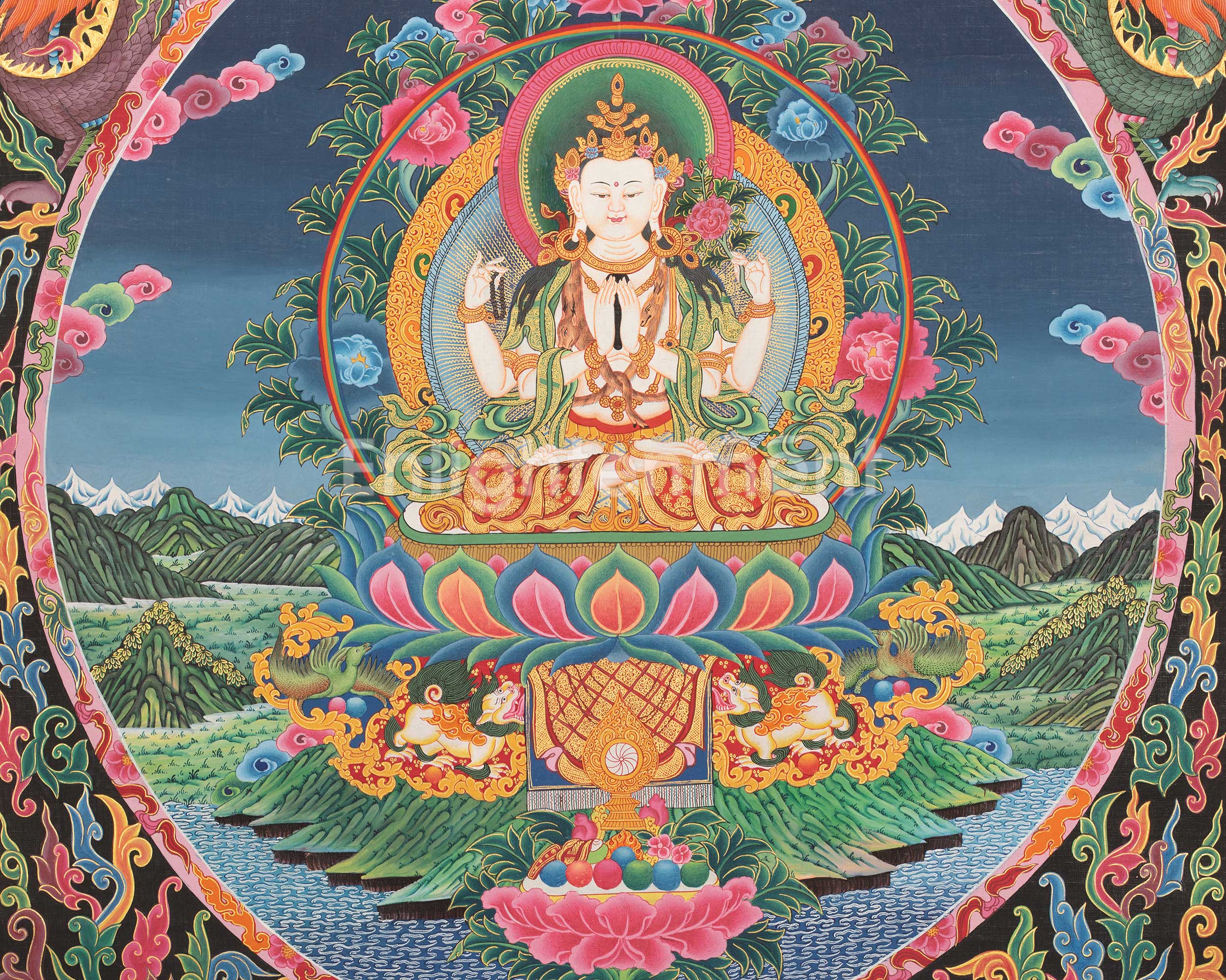 4 Armed Chengrezig Thangka | Buddhist Newari Art Style from Kathmandu Nepal