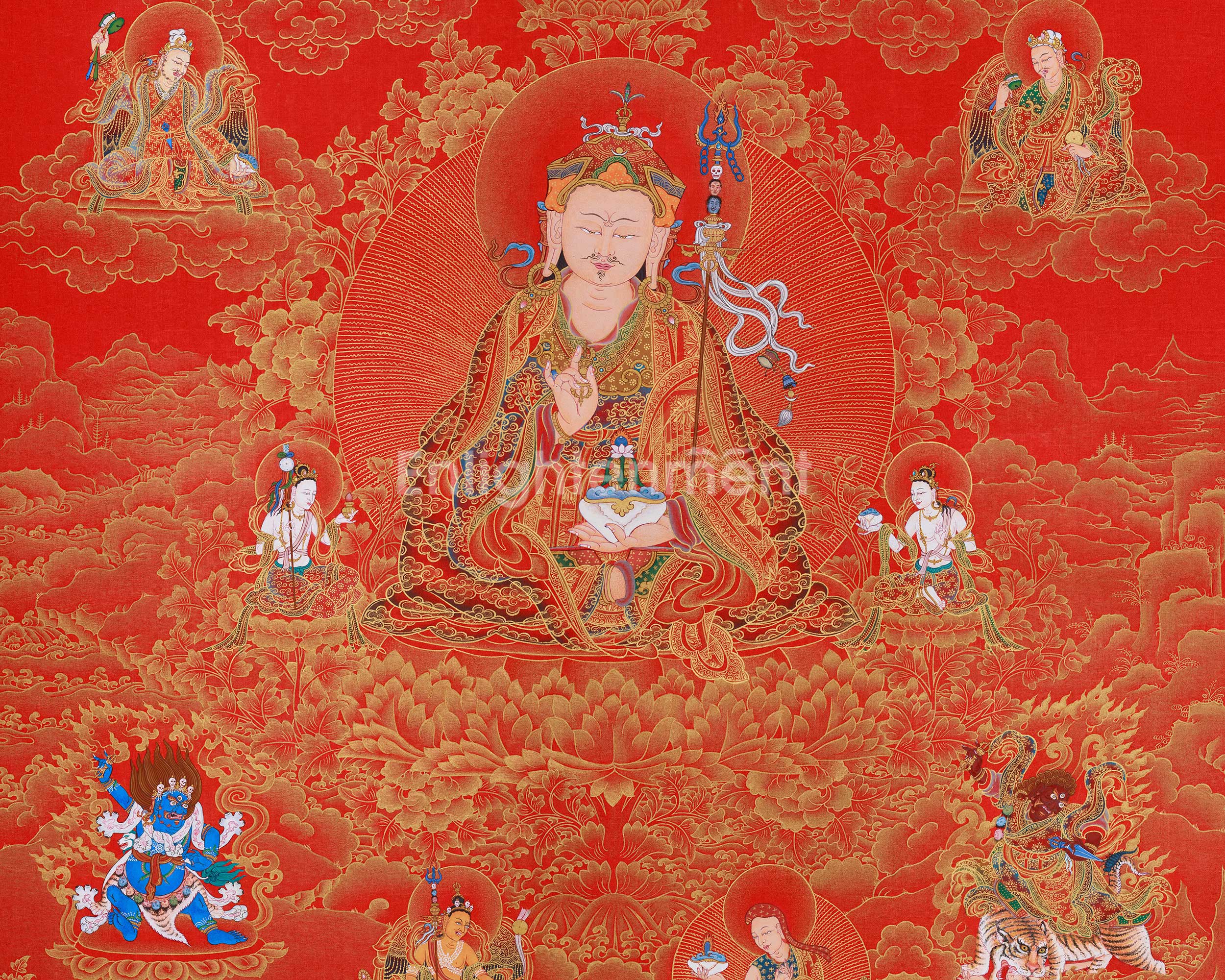 Experience the Sacred Power of Guru Sangye Thangka | A Premium NAKTHANG Thangka of Guru Rinpoche and His Divine Retinue