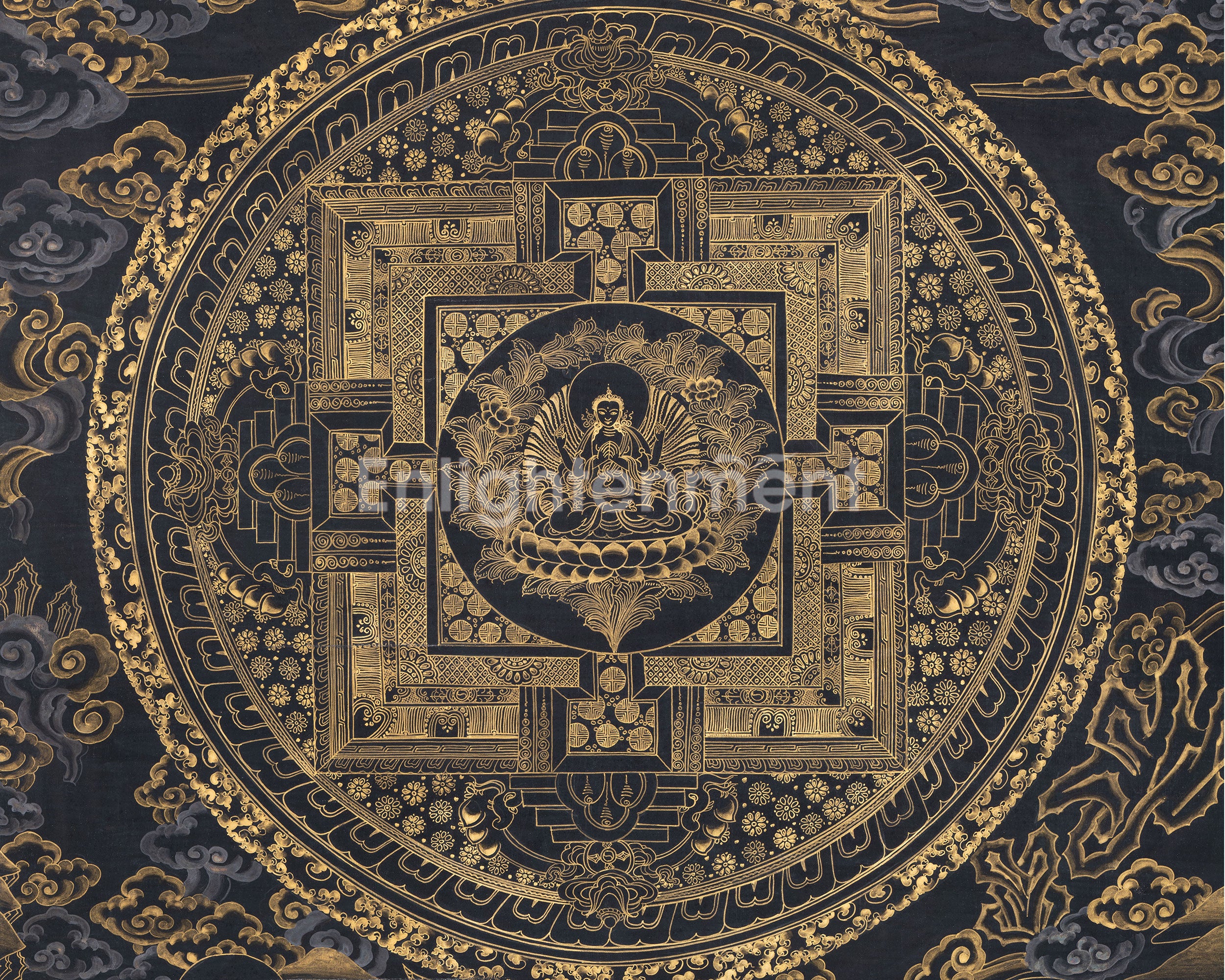 Gold And Black Style Chenrezig Mandala Thangka | Tibetan Buddhist Art
