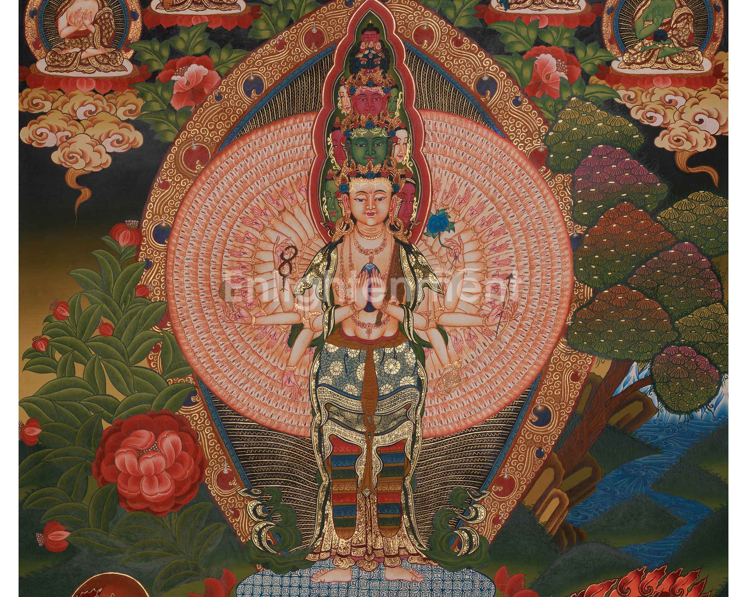 1000 Armed Chenrezig with Five Dhyani Buddha Thangka | Manjushri And Vajrapani Art