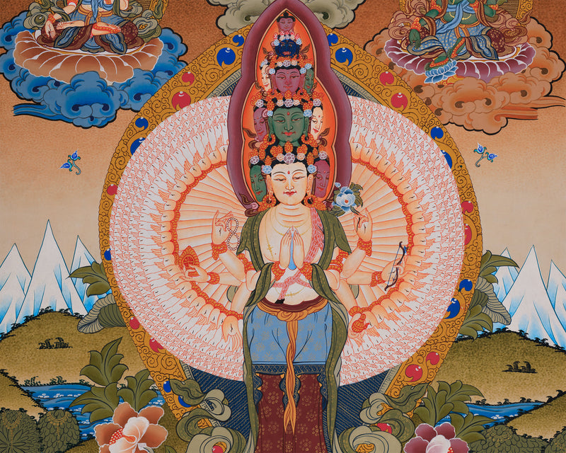 1000-Armed Avalokiteshvara Flanked Tara, Amitabha Buddha, Manjushri, and Vajrapani | Bodhisattva Chenrezig Artwork