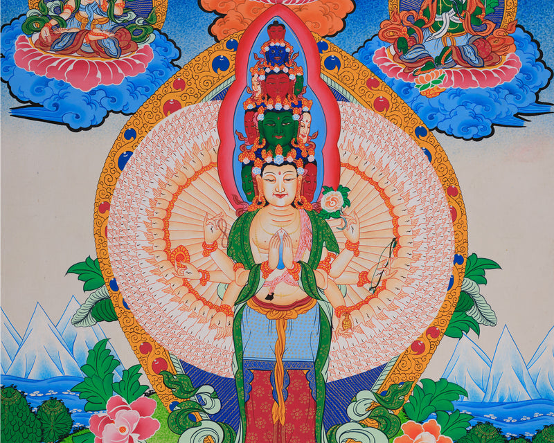 1000-Armed Avalokiteshvara Flanked Tara, Amitabha Buddha, Manjushri, and Vajrapani | Bodhisattva Chenrezig Artwork