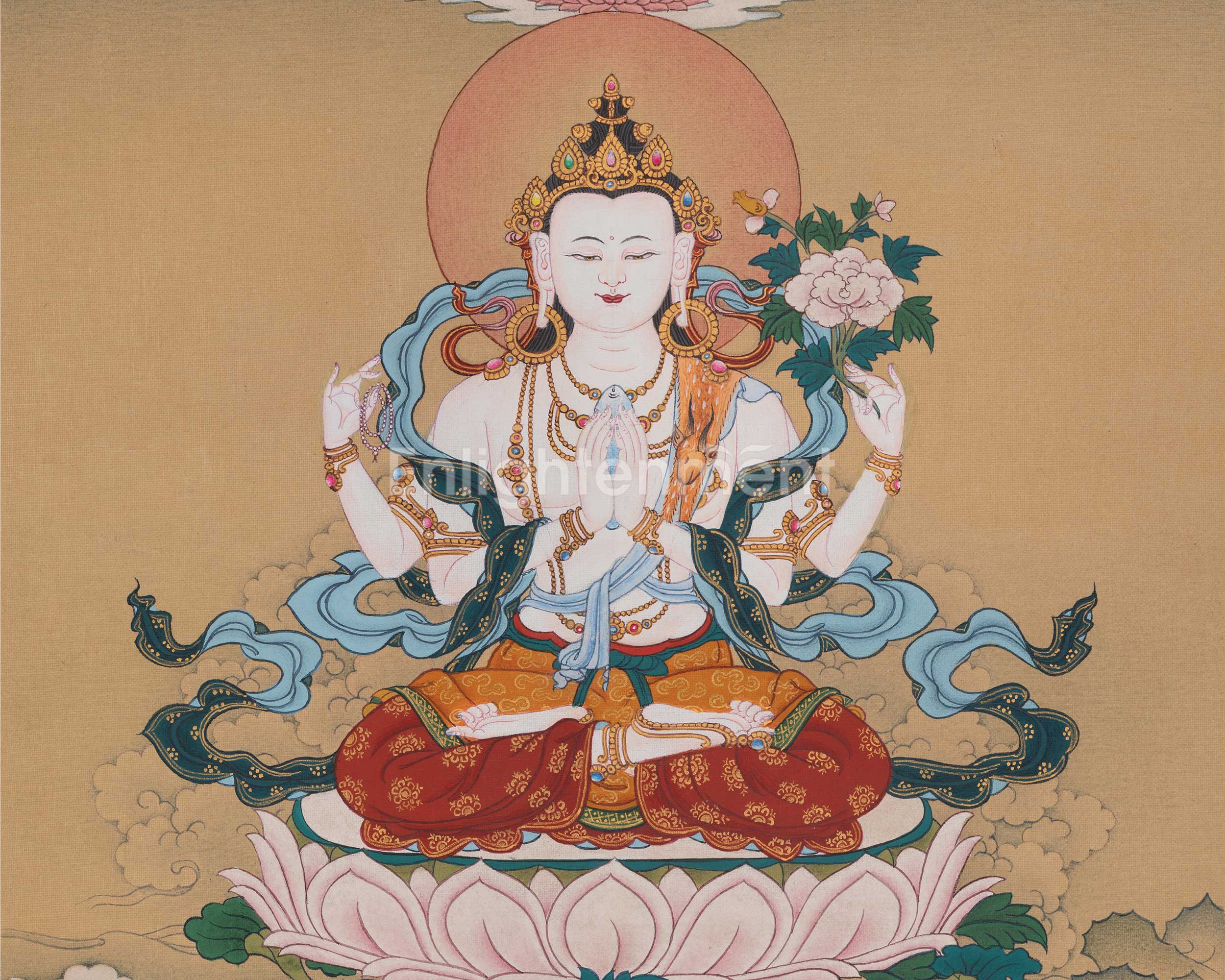 Divine Four-Armed Chenrezig Art | Representing Infinite Compassion, Wisdom, and Enlightened Awareness