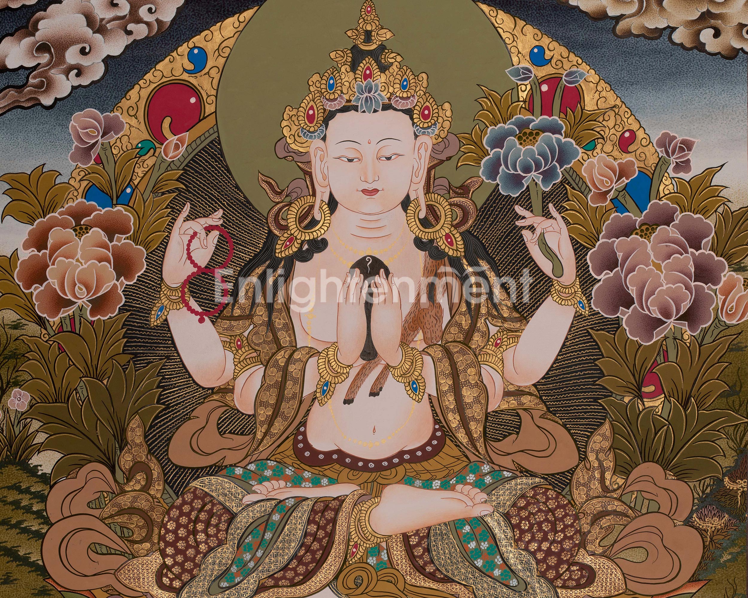 Four Armed Chenrezig Thanka | Hand-Painted Tibetan Bodhisattva Painting