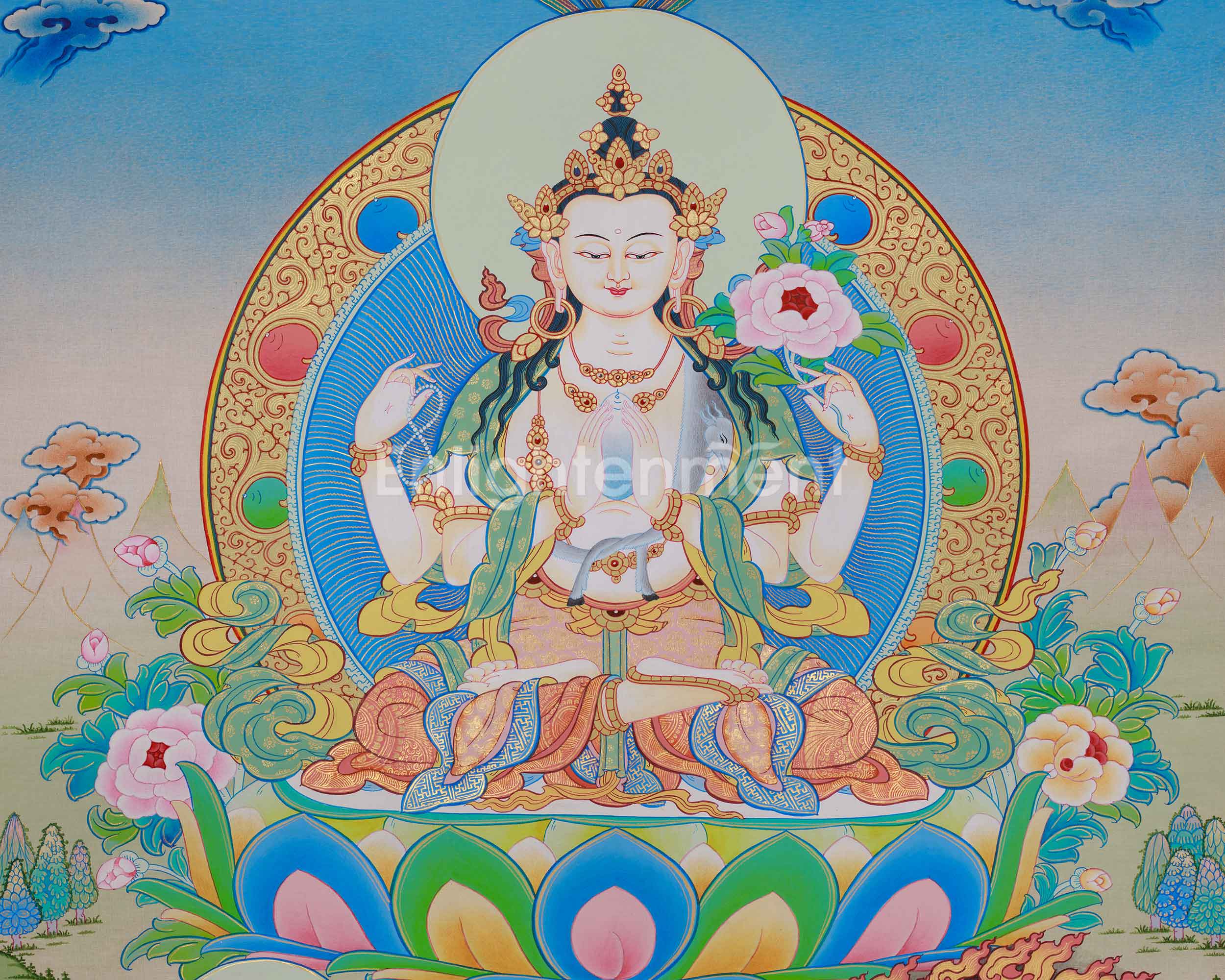 Himalyan Thangka Of Four-Armed Chenrezig | Avalokiteshvara, Amitabha Buddha, Manjushri, Vajrapani
