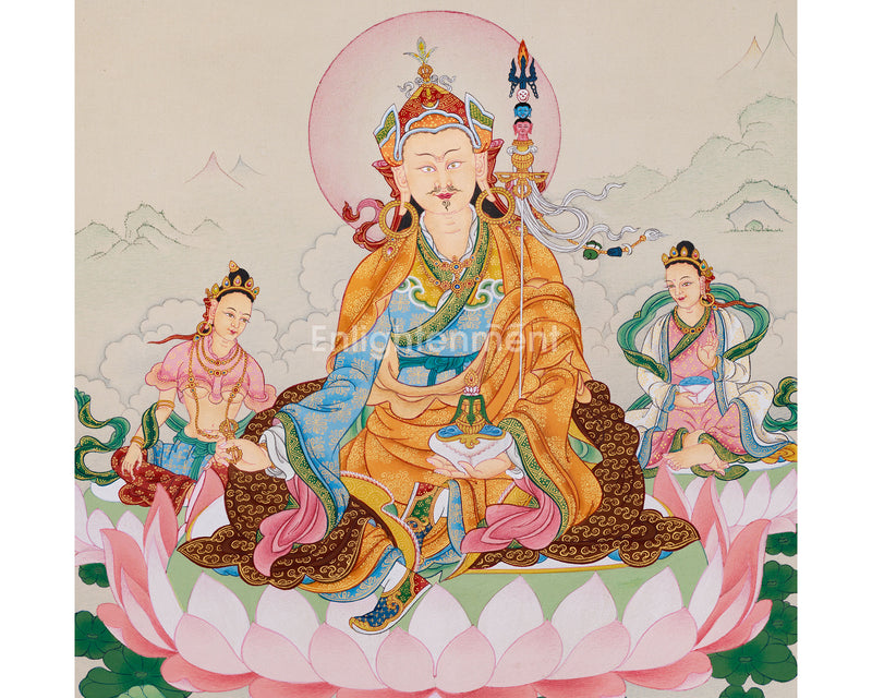 Guru Rinpoche with Consorts: Mandarva & Yeshe Tsogyal Thangka