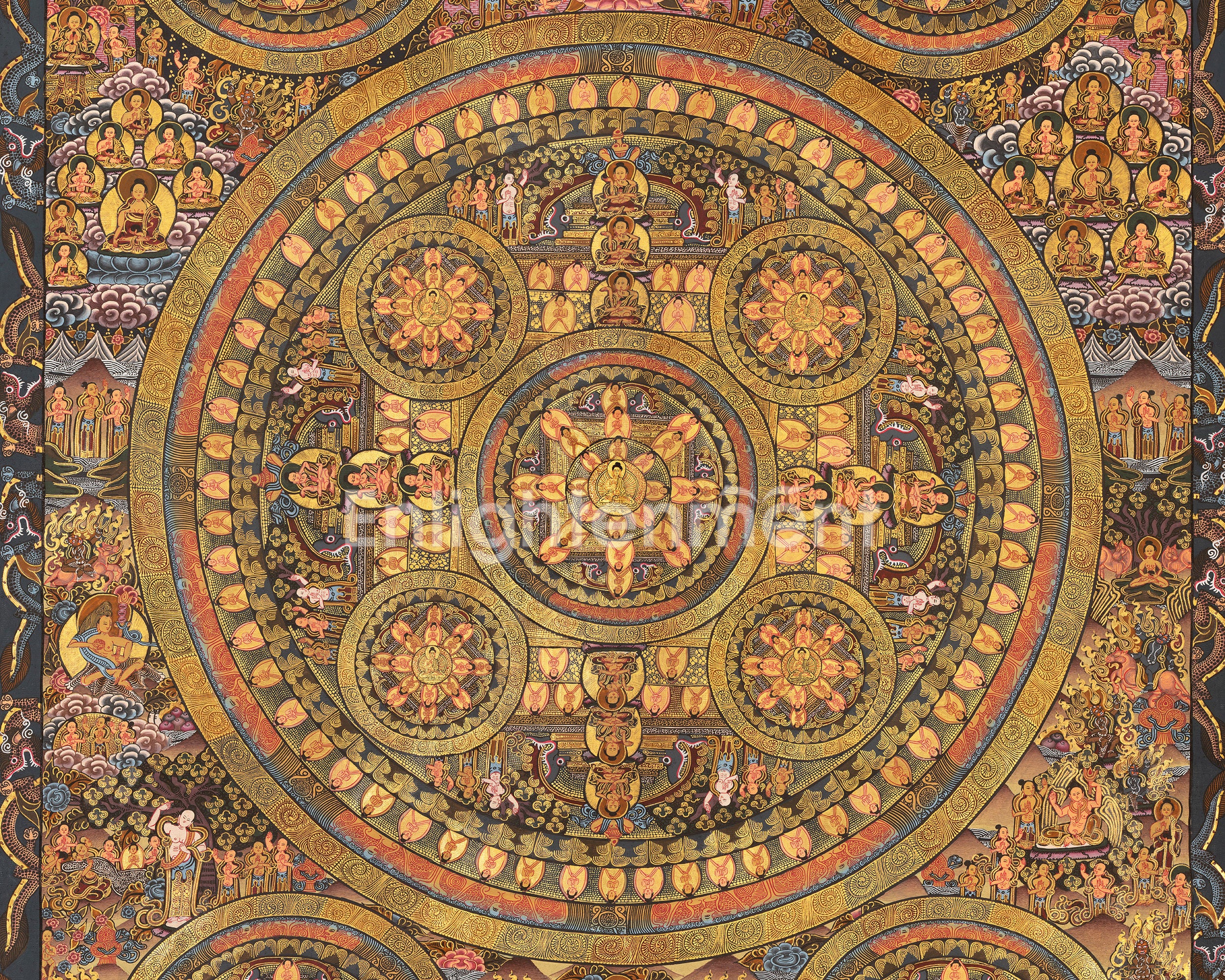 Detailed Buddha Mandala Thangka | Gold Adorned Buddhist Artwork