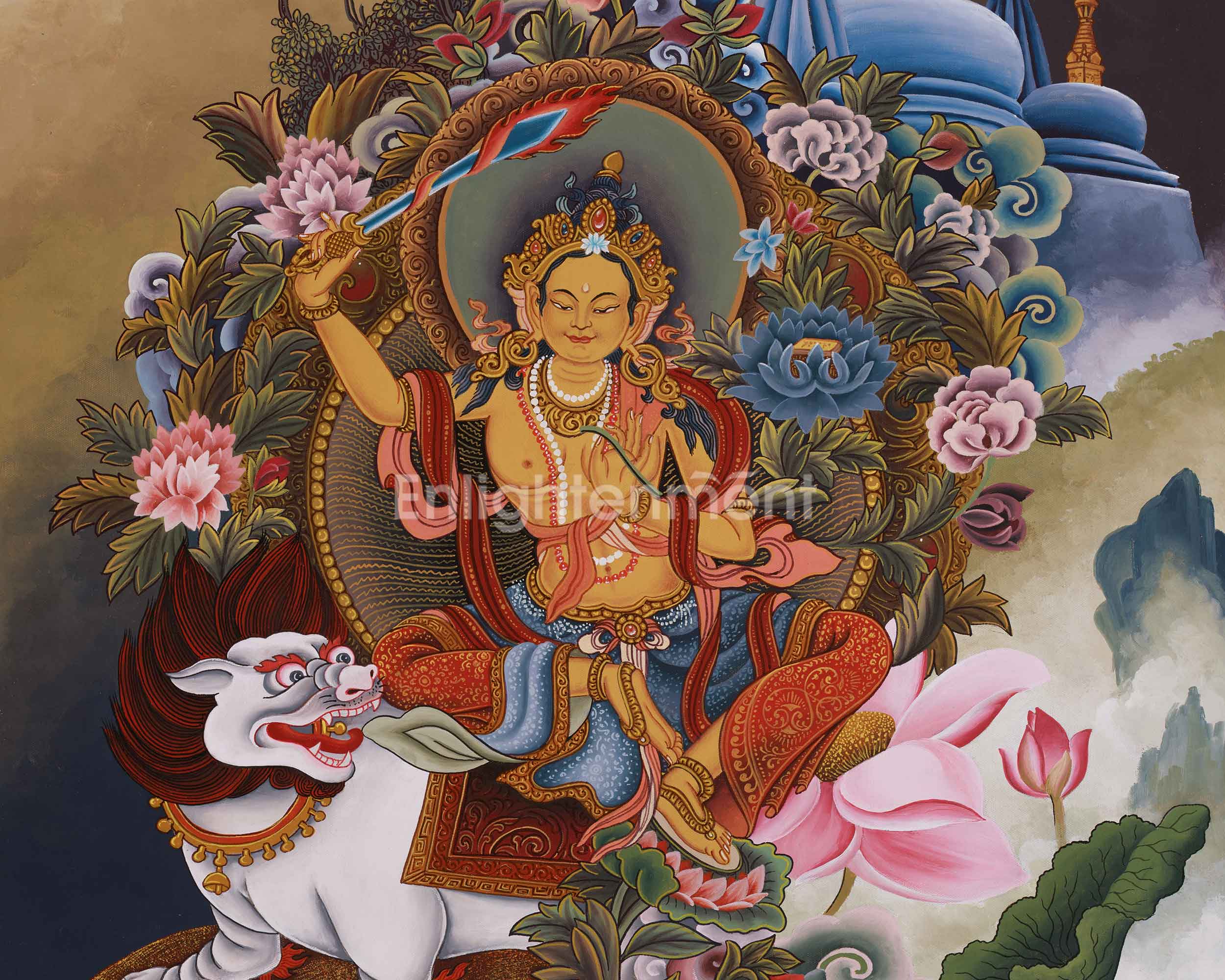 Simhanada Manjushri Thangka | Bodhisattva of Wisdom in Paubha Style
