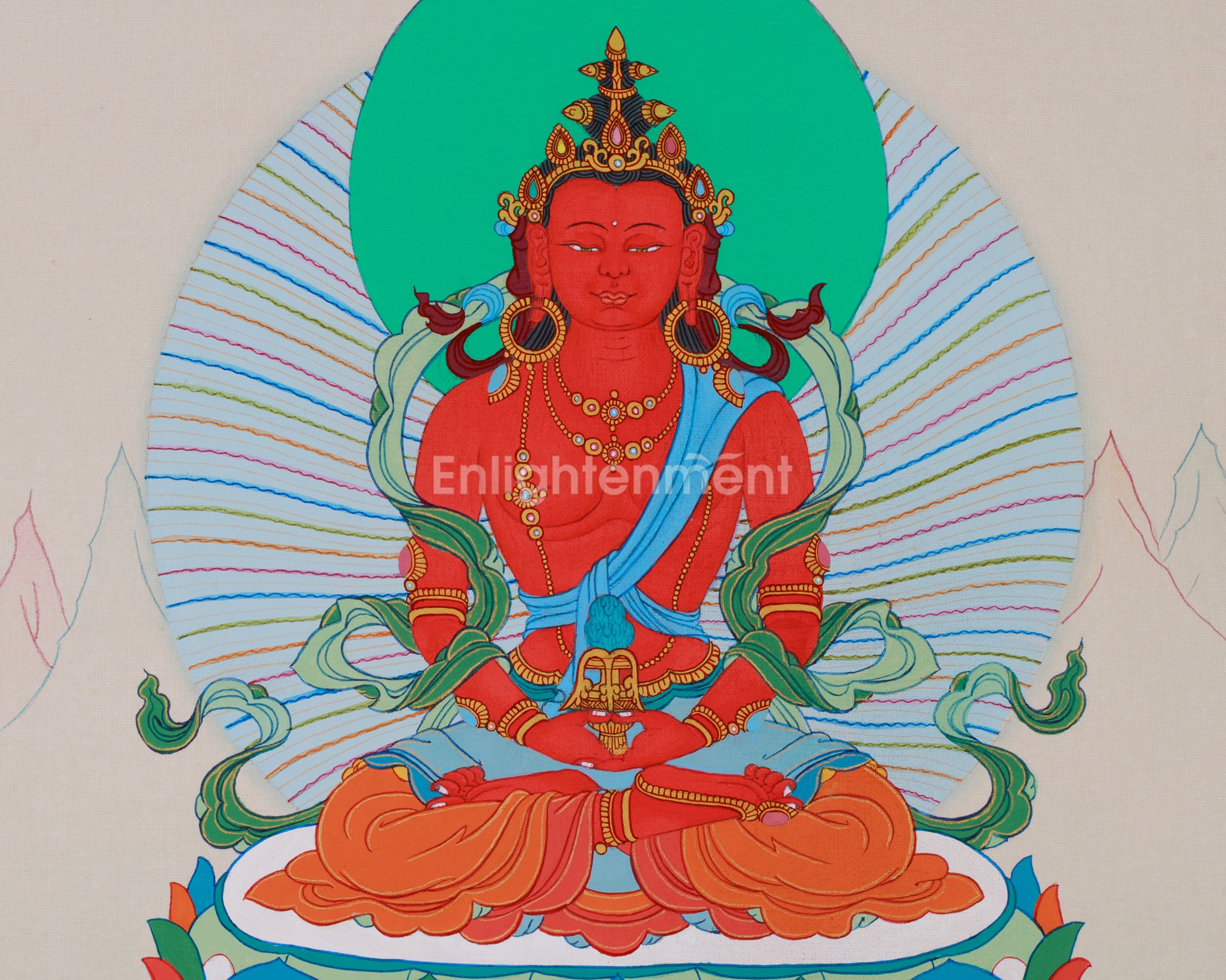 Small Red Buddha, Amitayus Thangka | Brocade Mounted
